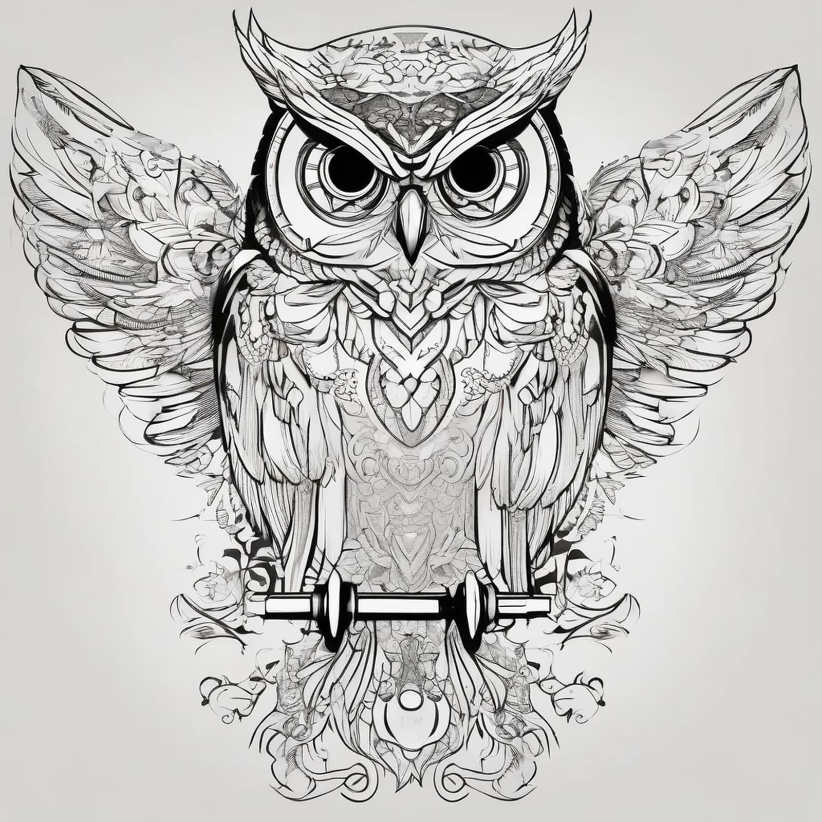 Owl With Antique Key tattoo design, alternative version 4