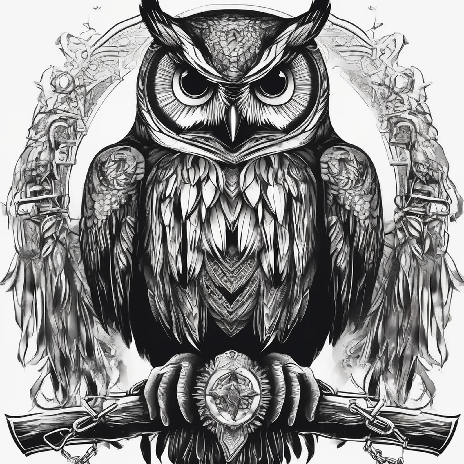 Owl With Broken Chain tattoo design, alternative version 4