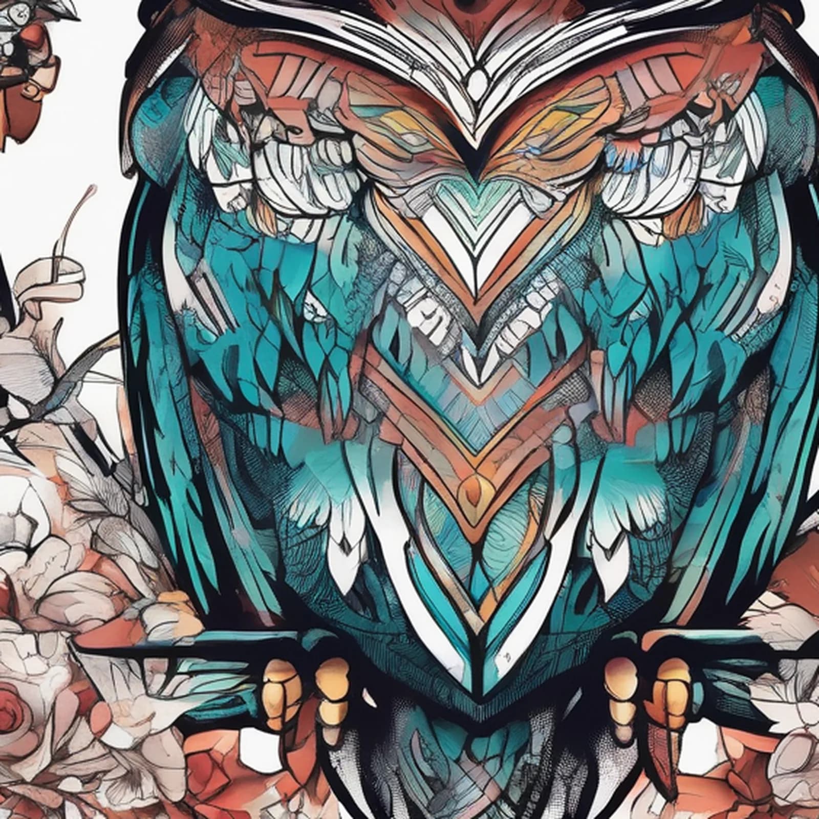 Owl With Coffee Cup tattoo design, close-up detail