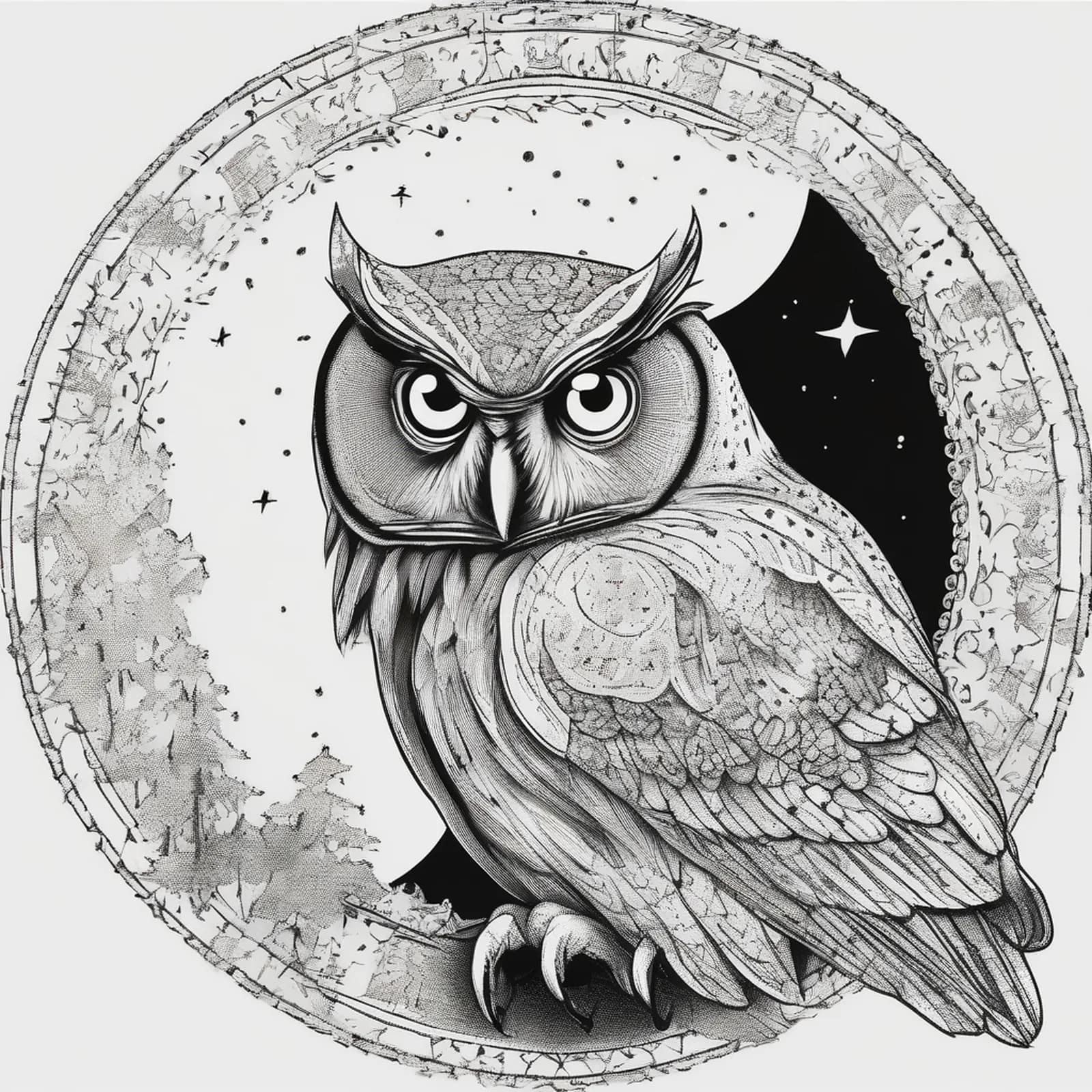 Owl With Moon Phases tattoo design, alternative version 2