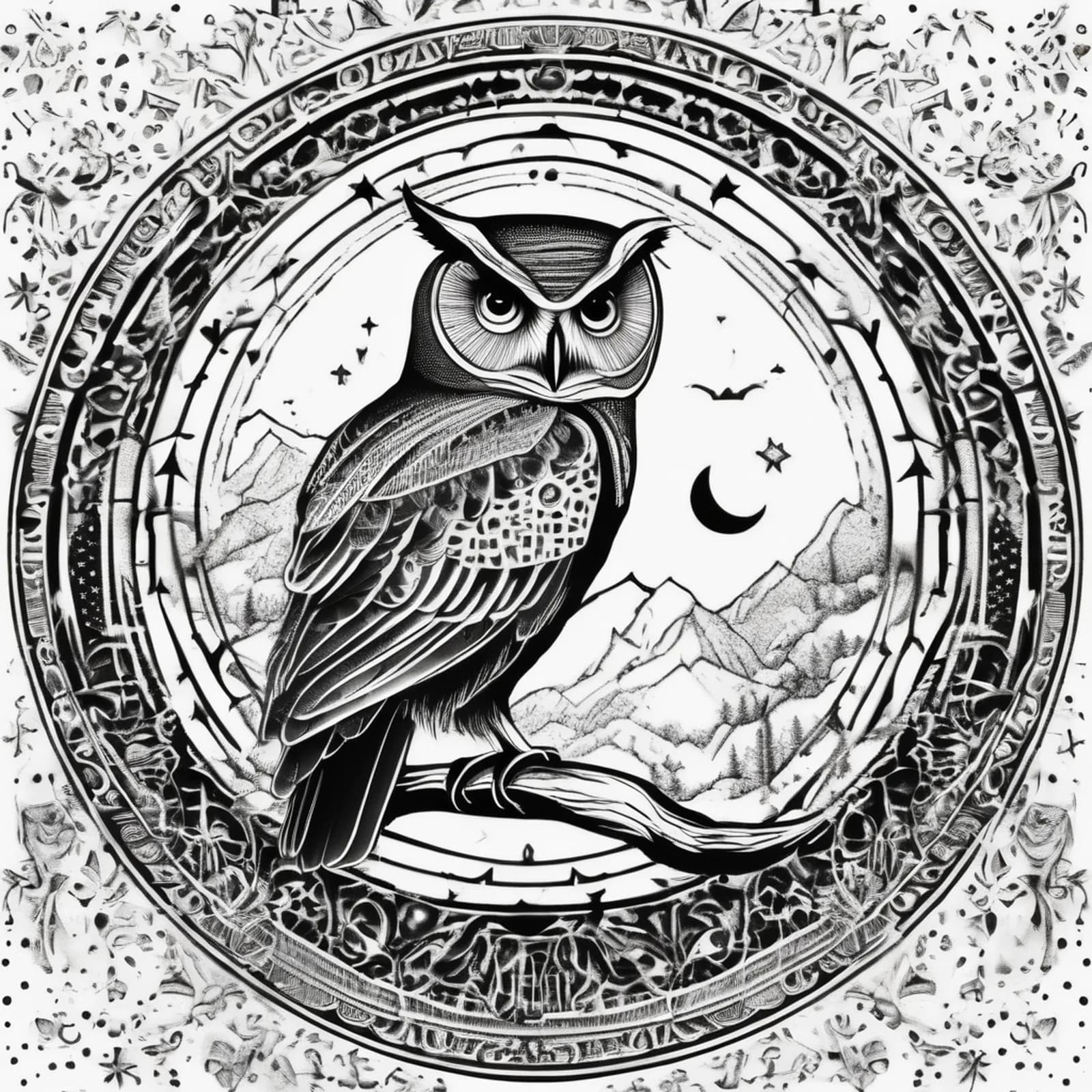 Owl With Moon Phases tattoo design, alternative version 3