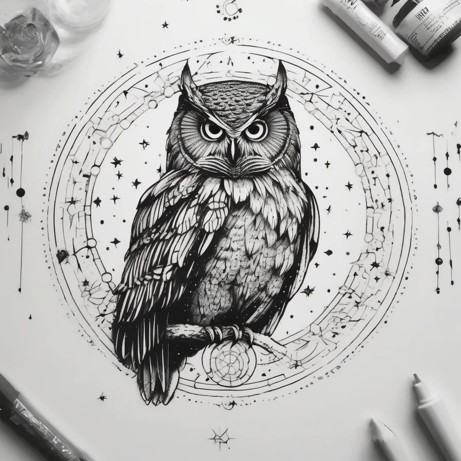Owl With Moon Phases tattoo design, alternative version 4