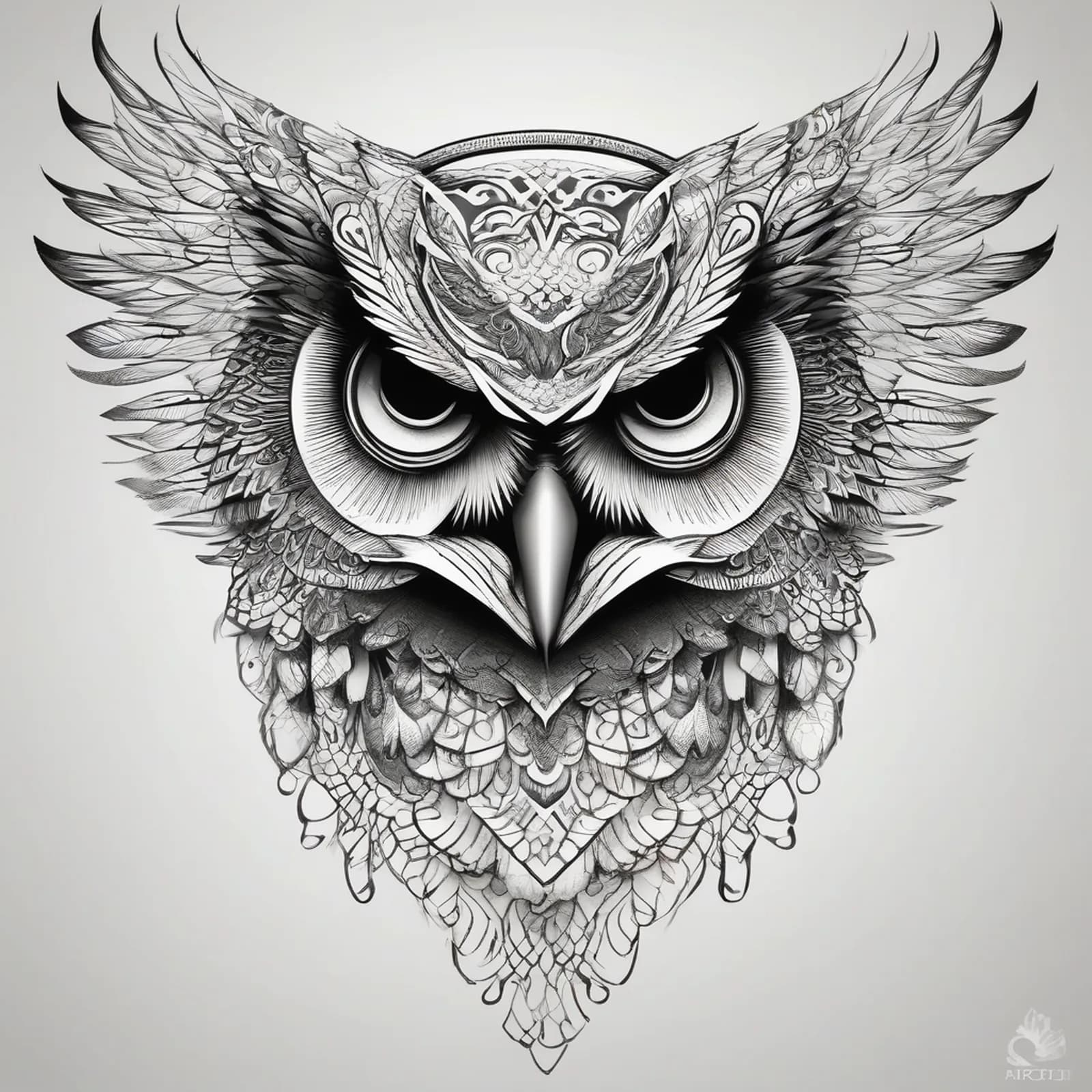 Owl With Open Wings tattoo design, alternative version 2