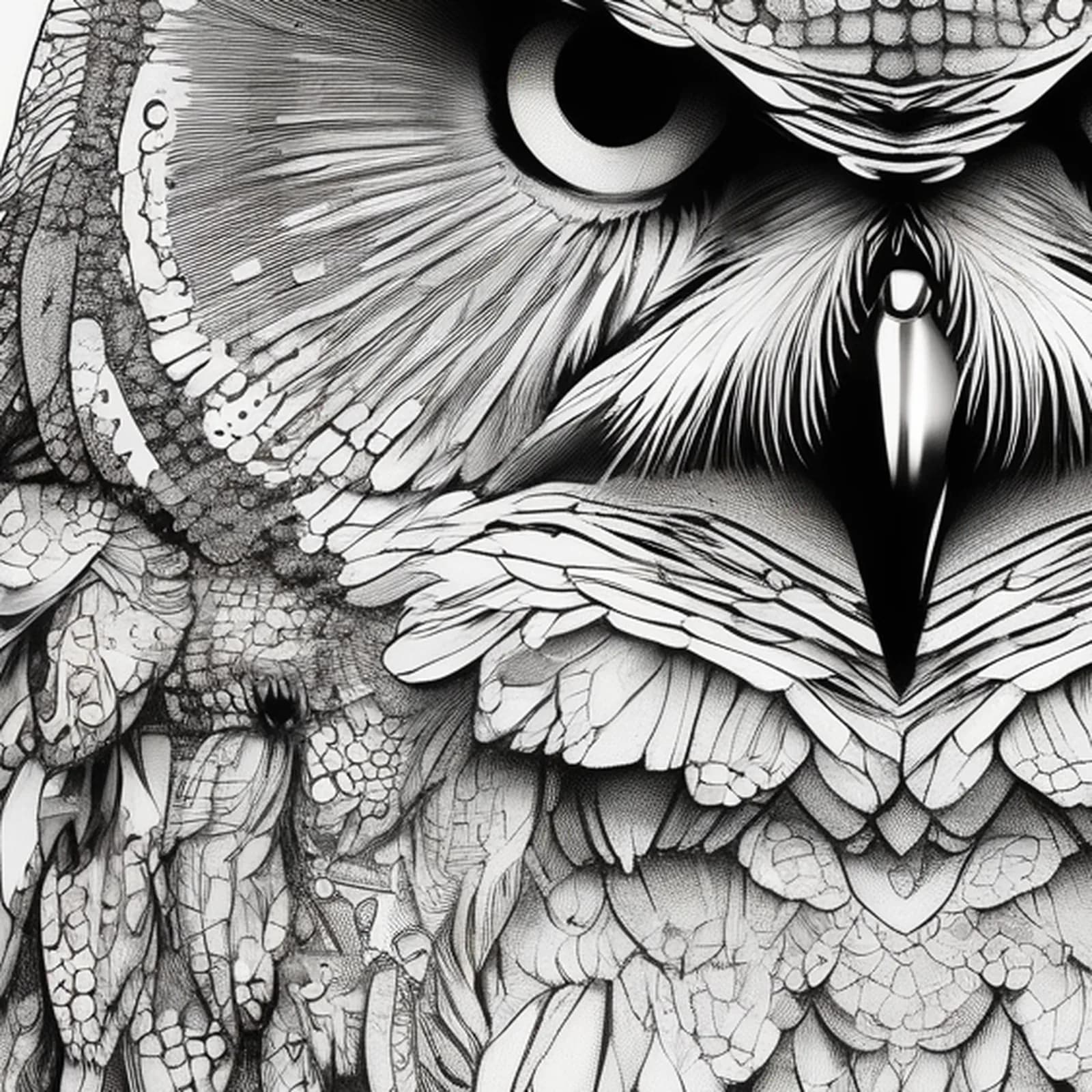 Pointillism Owl Portrait tattoo design, close-up detail