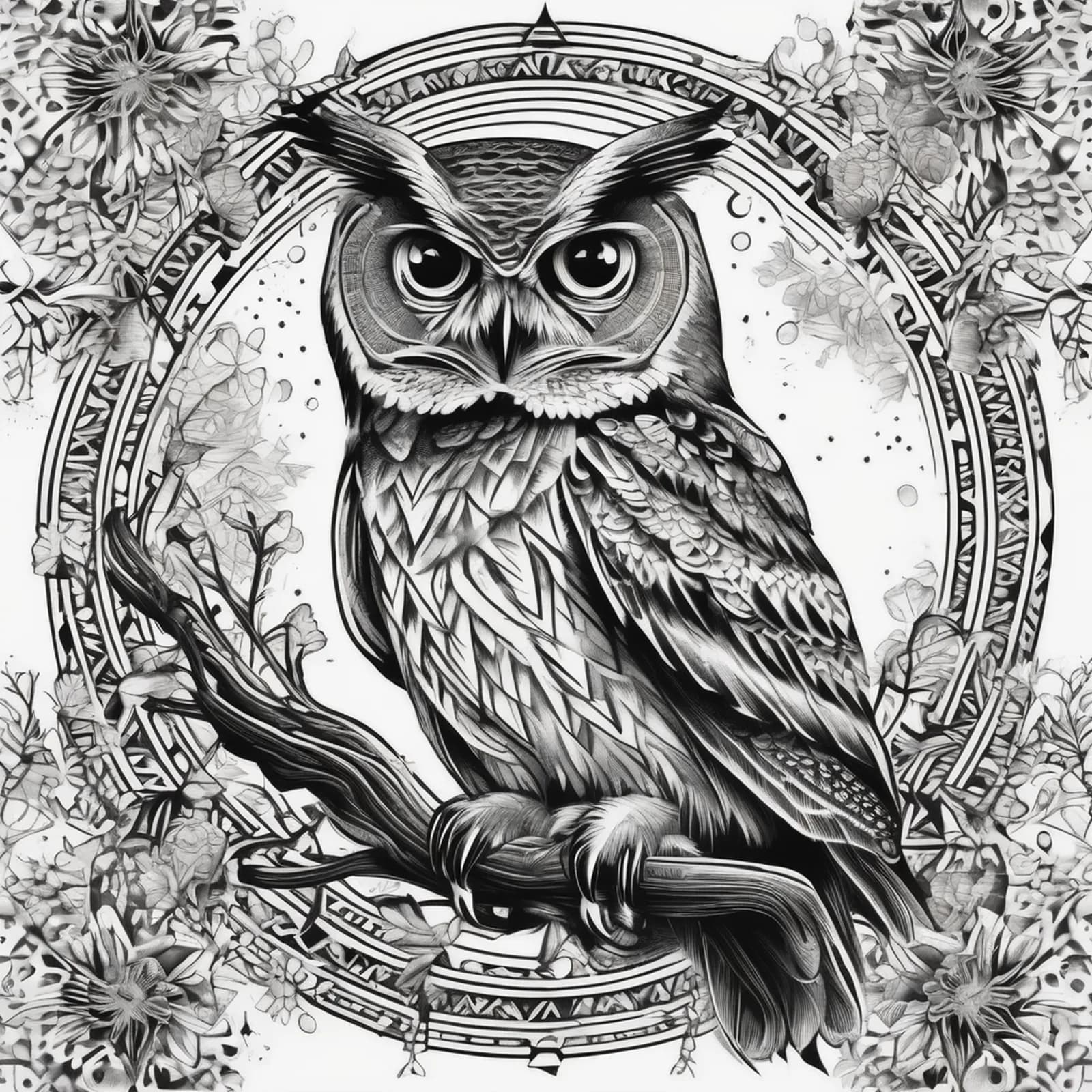 Pointillism Owl Portrait tattoo design, alternative version 2