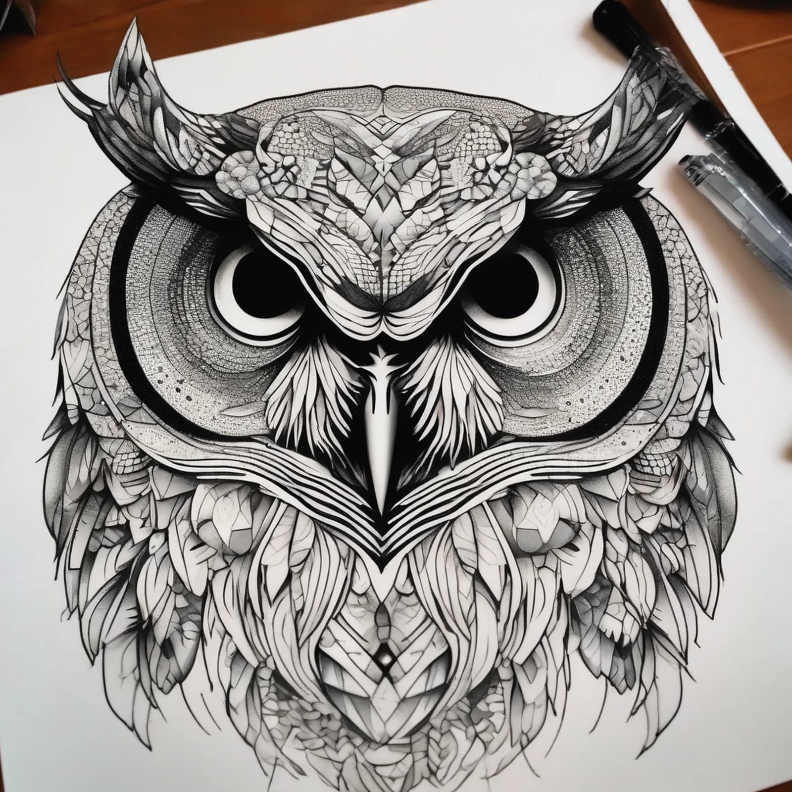 Pointillism Owl Portrait tattoo design, alternative version 3
