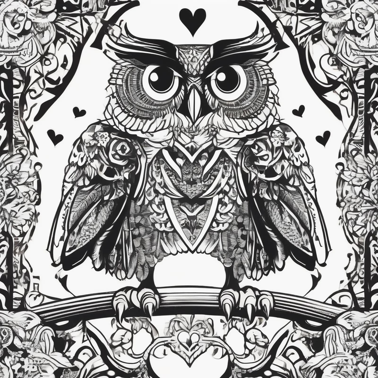 Protective Owl Over Heart tattoo design, alternative version 2