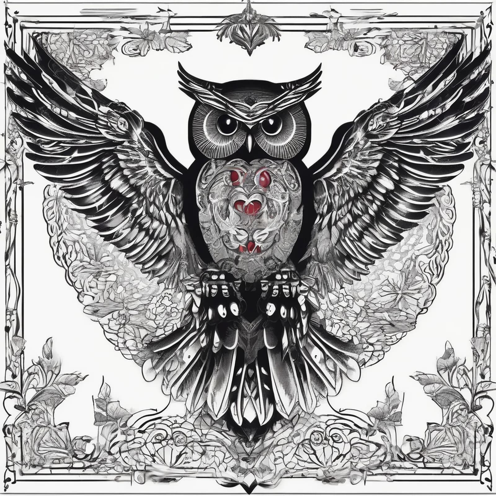 Protective Owl Over Heart tattoo design, alternative version 3