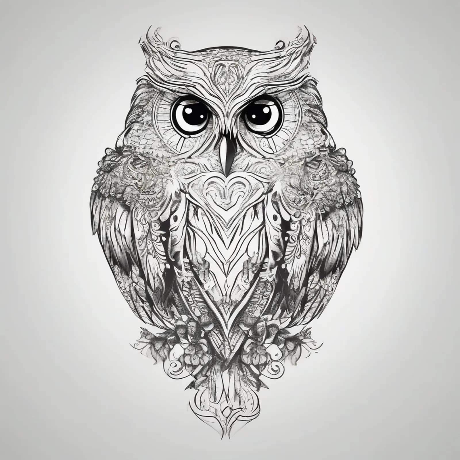 Protective Owl Over Heart tattoo design, alternative version 4