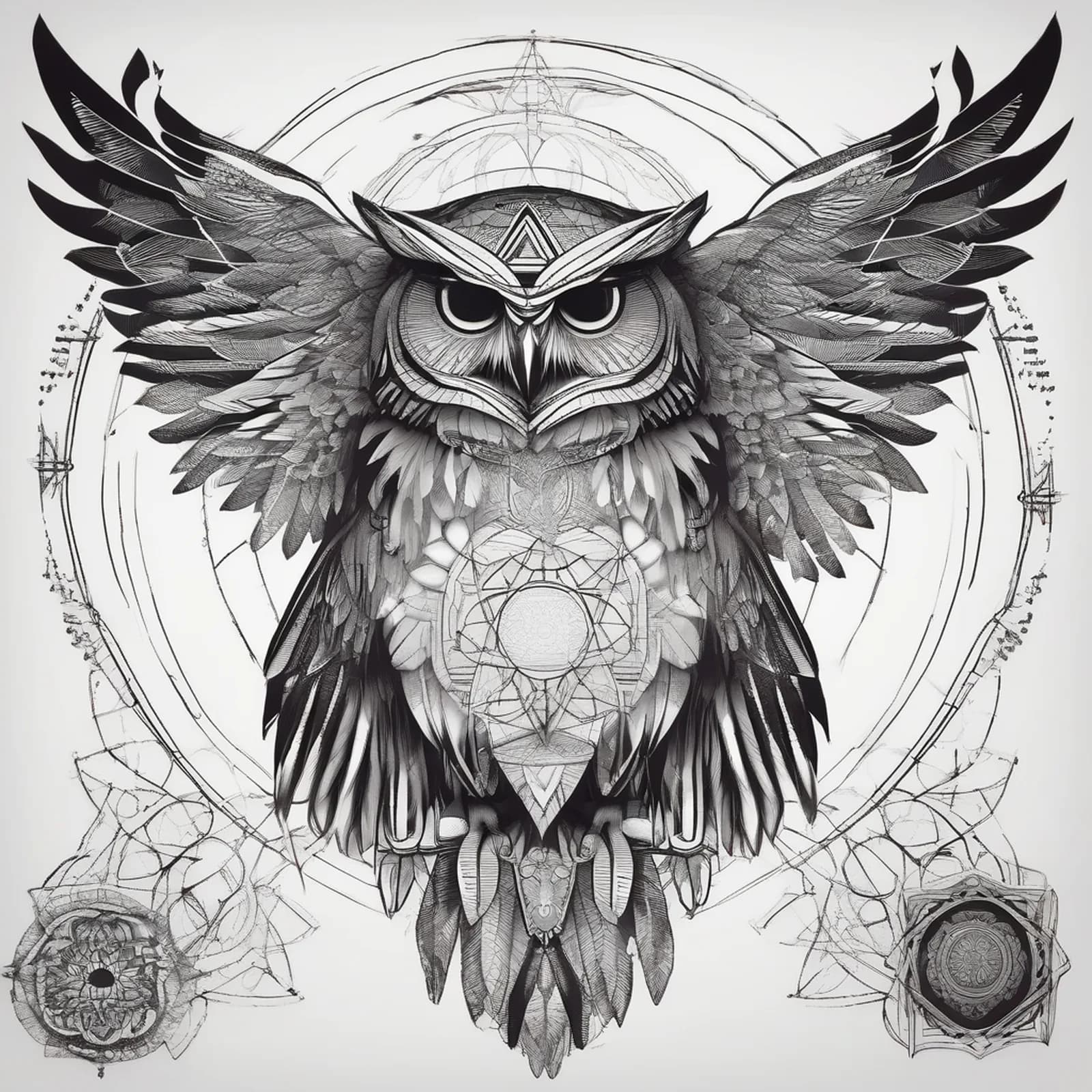 Sacred Geometry Owl tattoo design, alternative version 4
