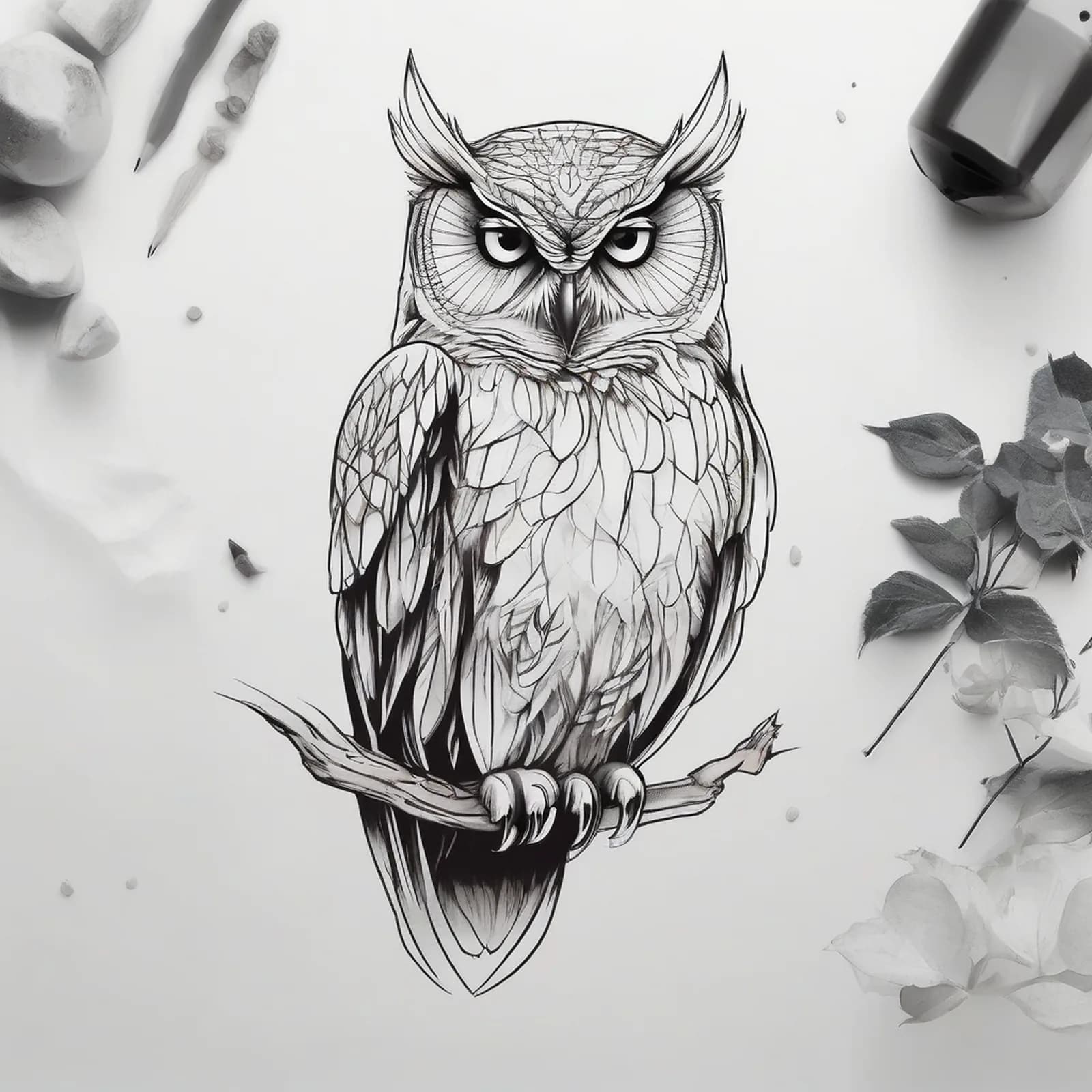 Sketch Style Owl tattoo design, alternative version 2