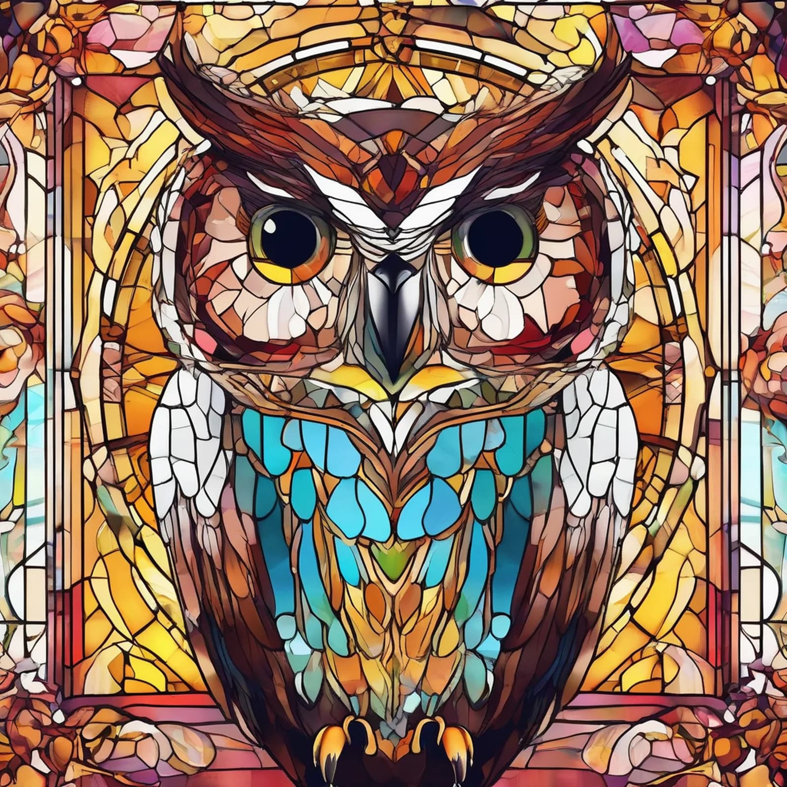Stained Glass Owl tattoo design, alternative version 2