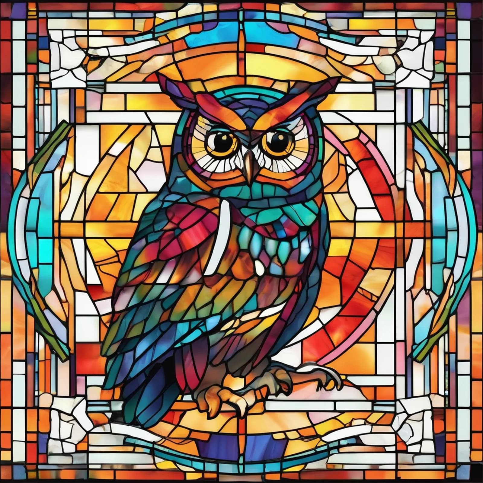 Stained Glass Owl tattoo design, alternative version 3