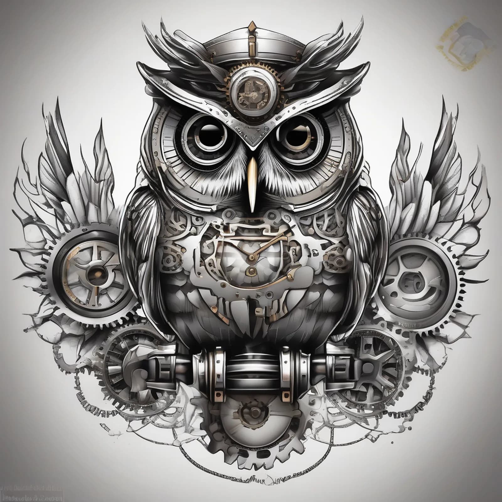 Steampunk Owl tattoo design, alternative version 2