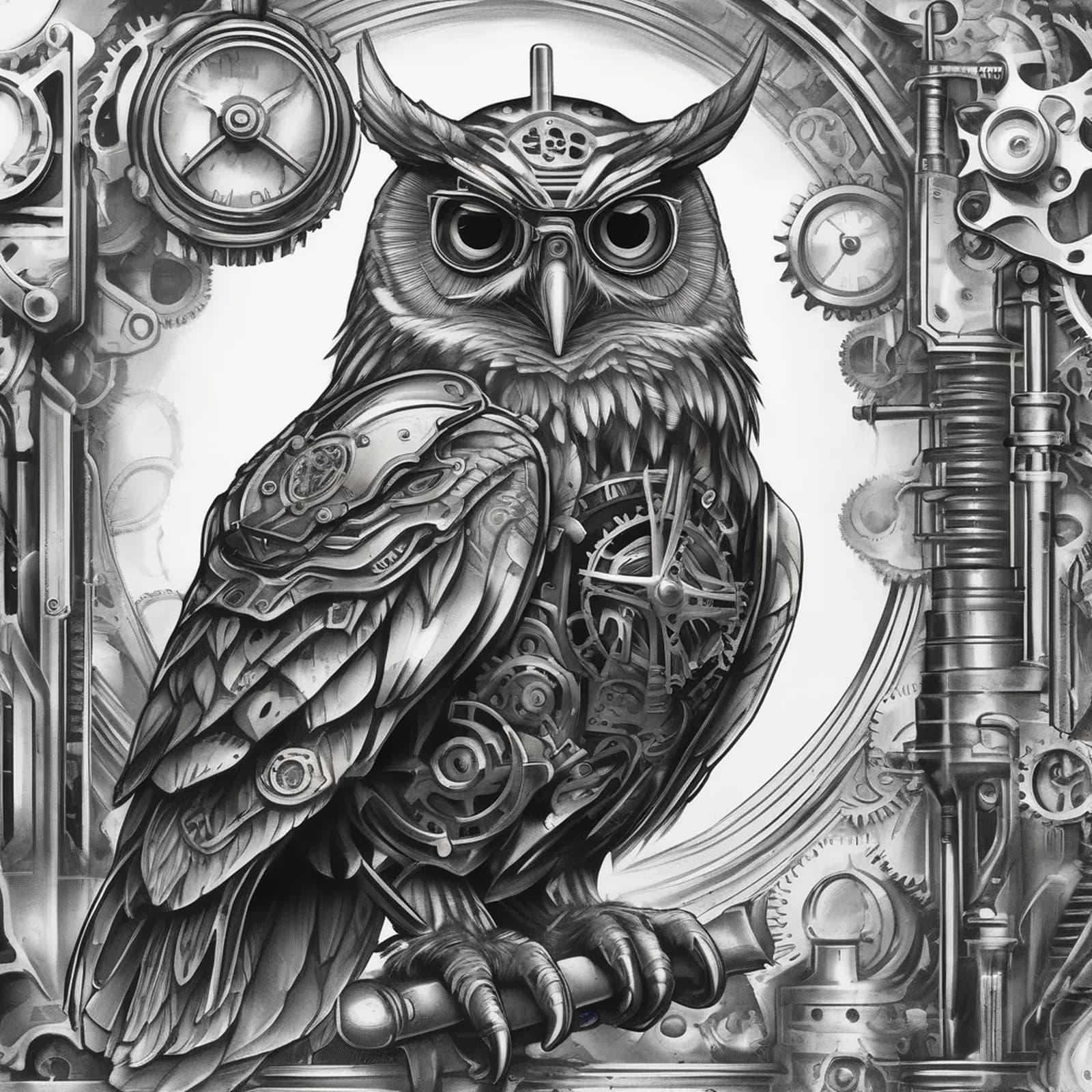 Steampunk Owl tattoo design, alternative version 3