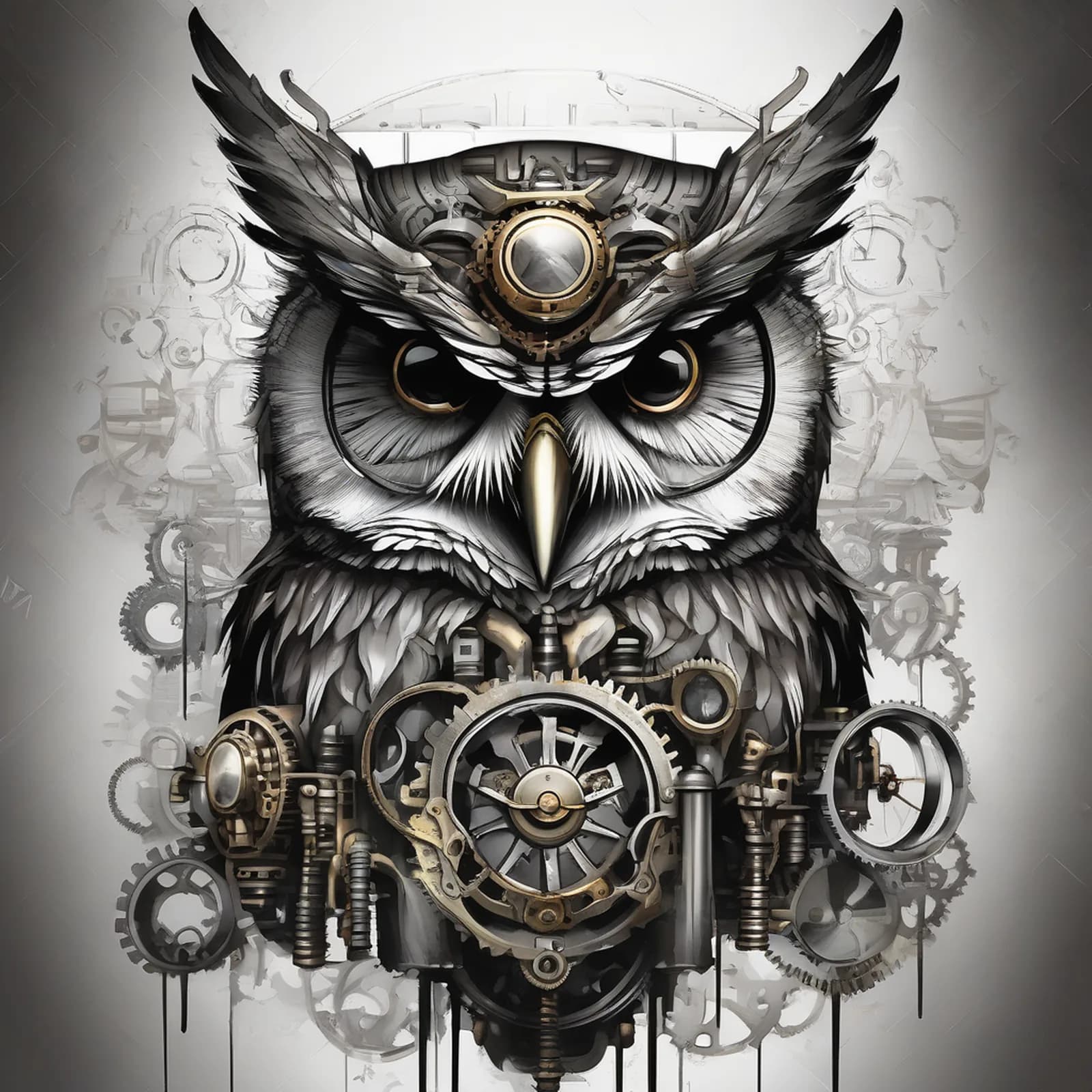 Steampunk Owl tattoo design, alternative version 4