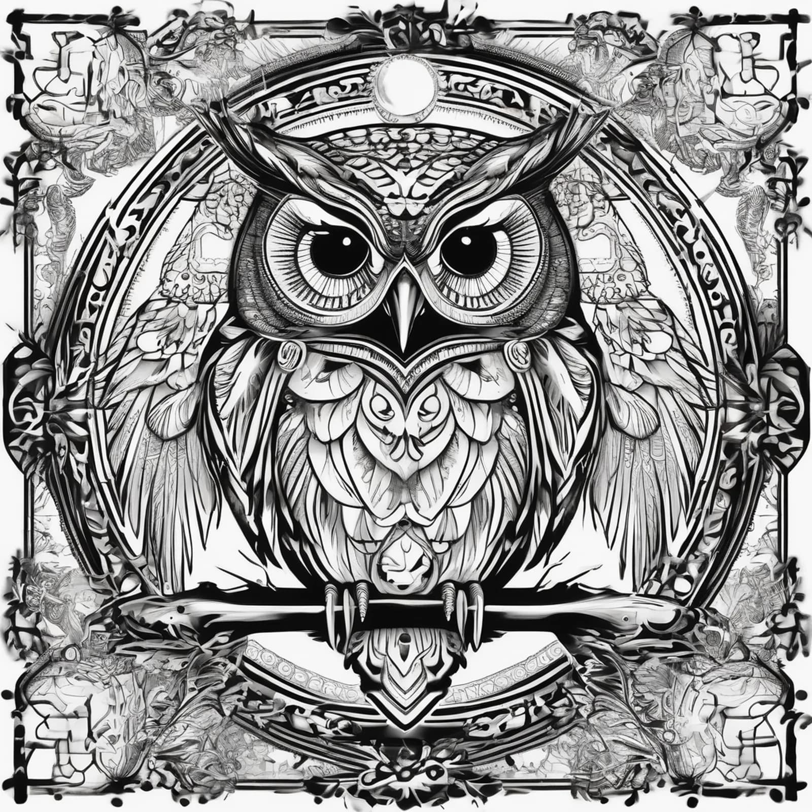 Tarot Card Owl tattoo design, alternative version 3