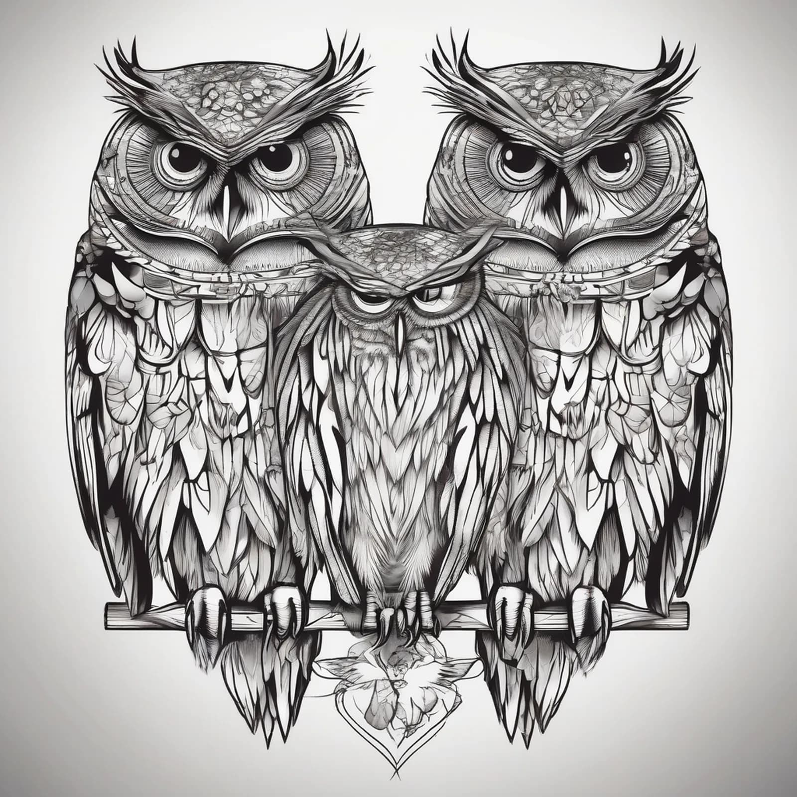 Two Owls Facing tattoo design, alternative version 3
