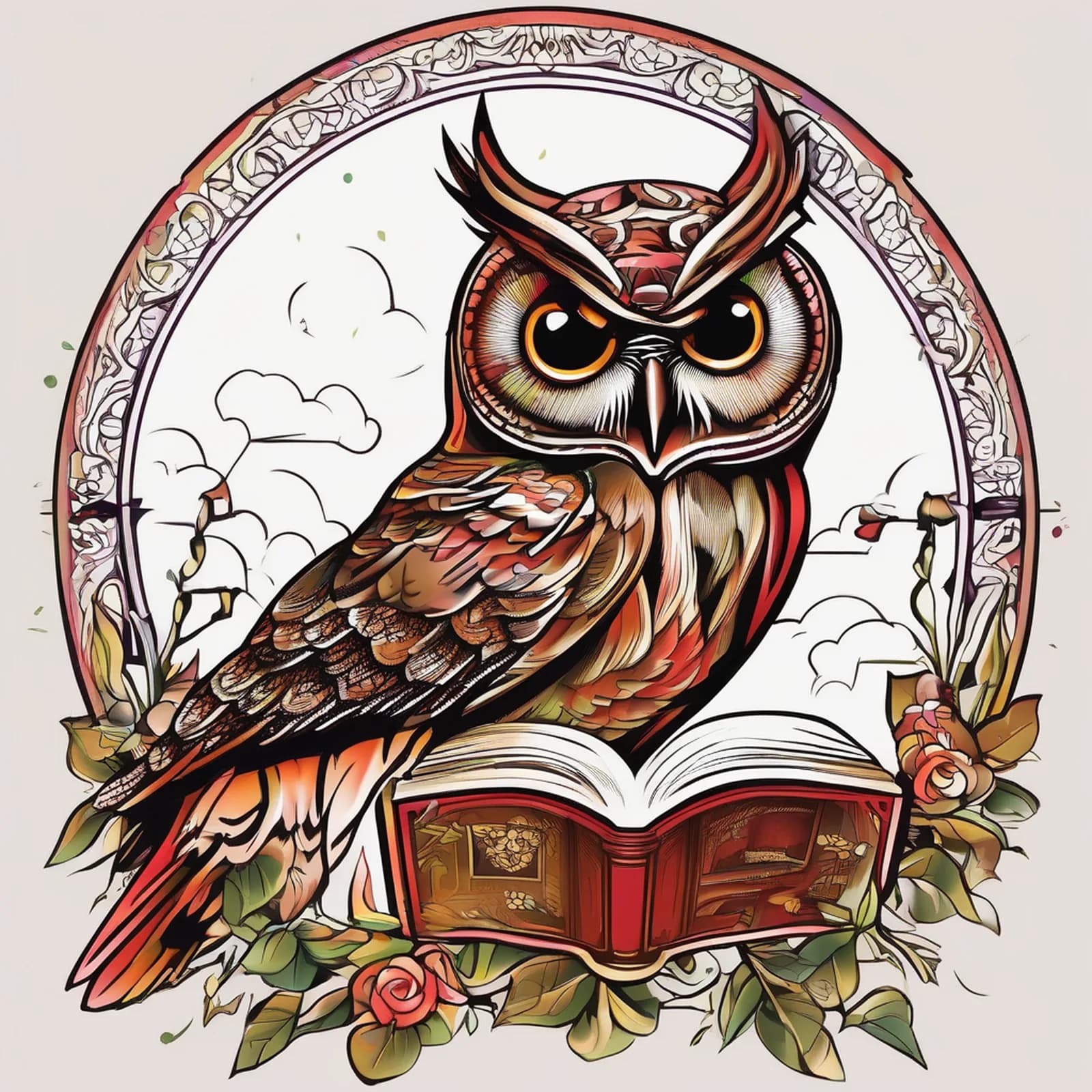 Wise Owl With Open Book tattoo design, alternative version 2