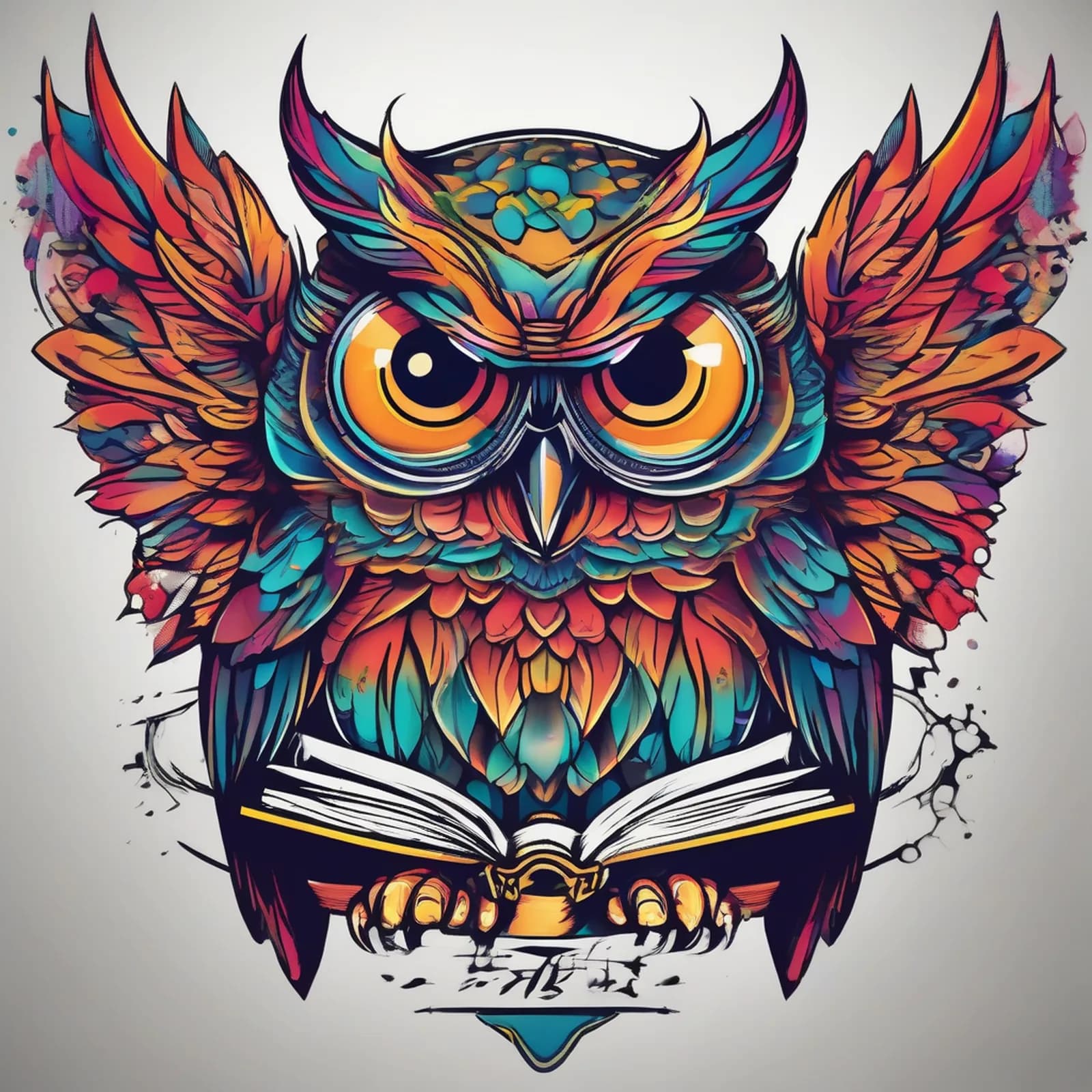 Wise Owl With Open Book tattoo design, alternative version 3