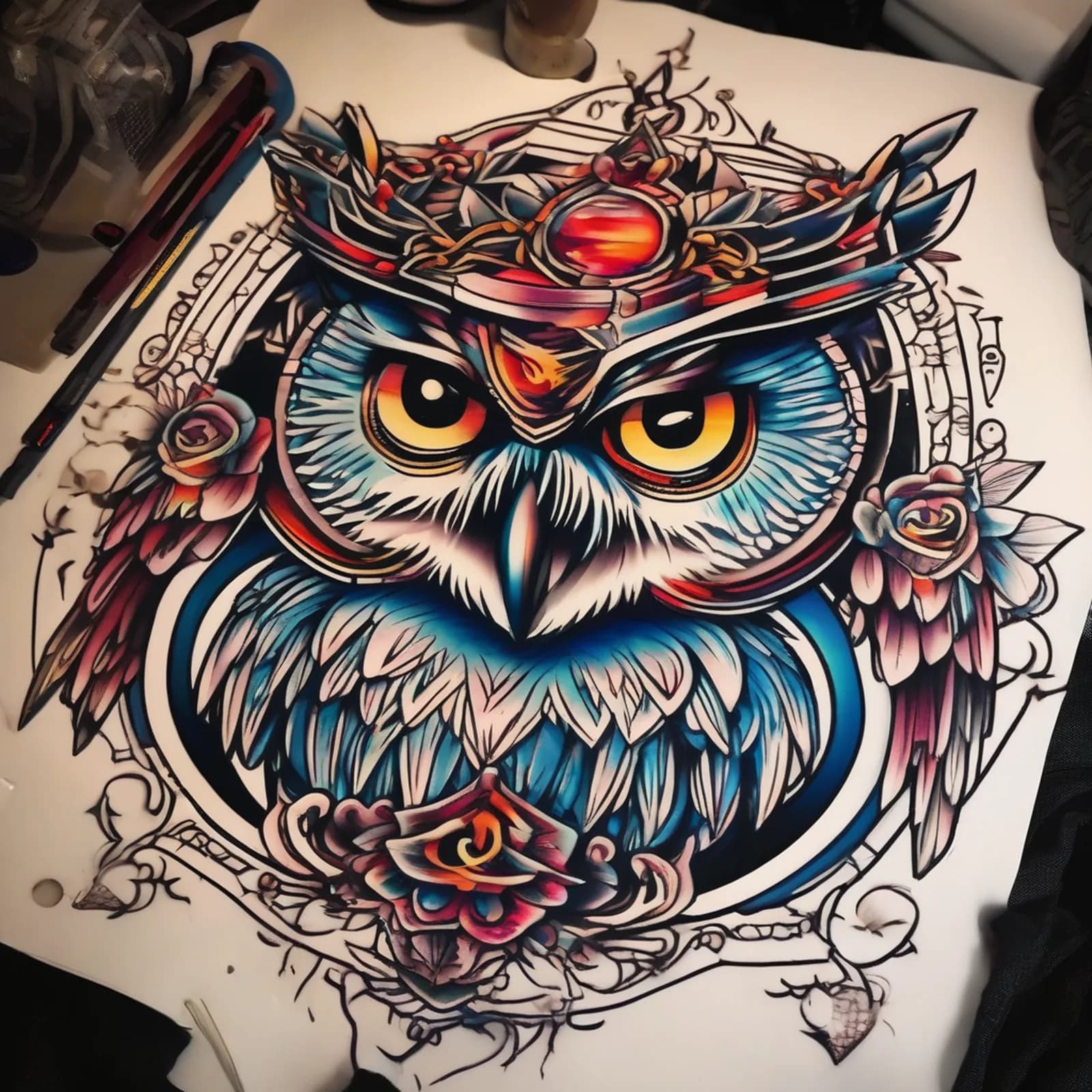 Wise Owl With Open Book tattoo design, alternative version 4