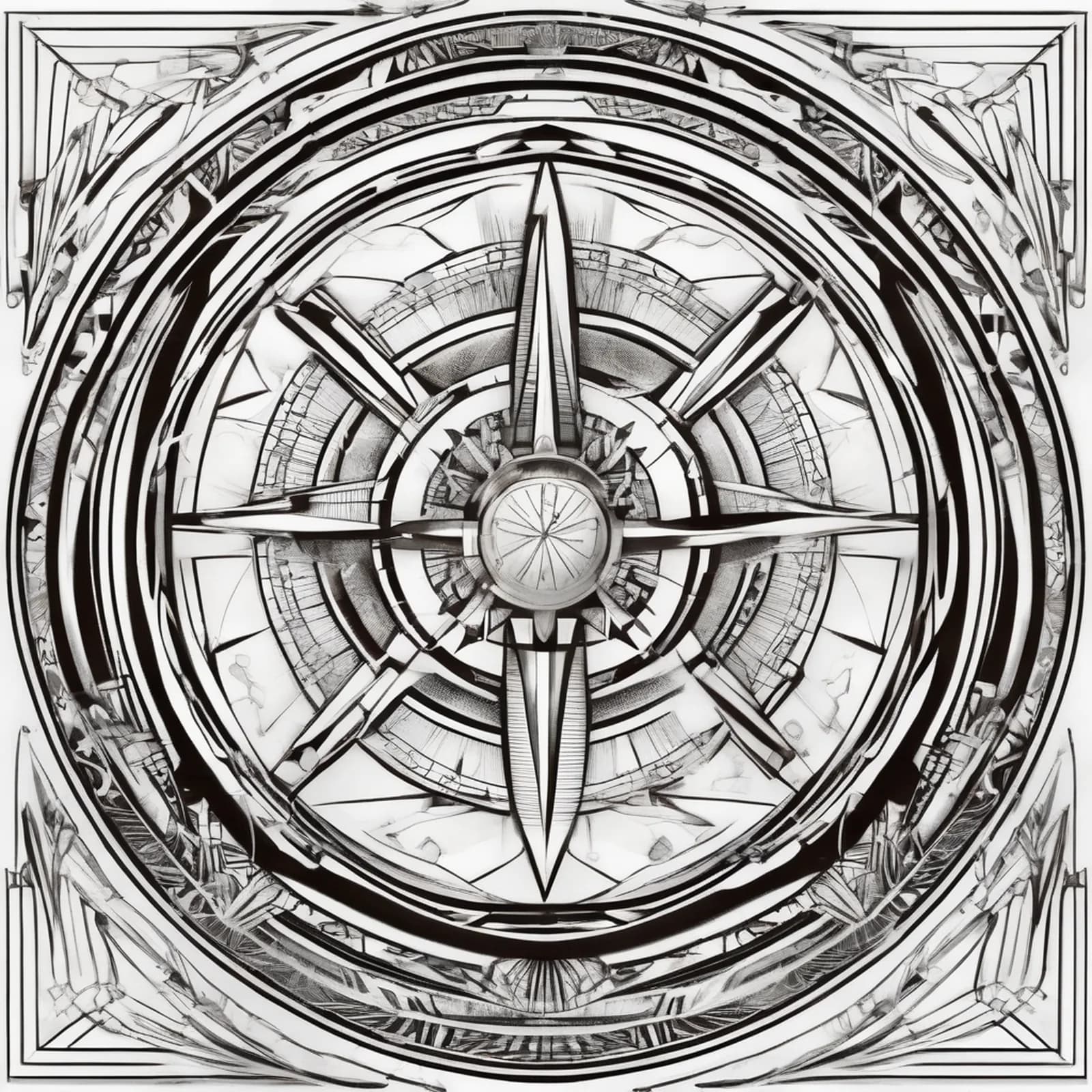 Art Deco Compass tattoo design, alternative version 2
