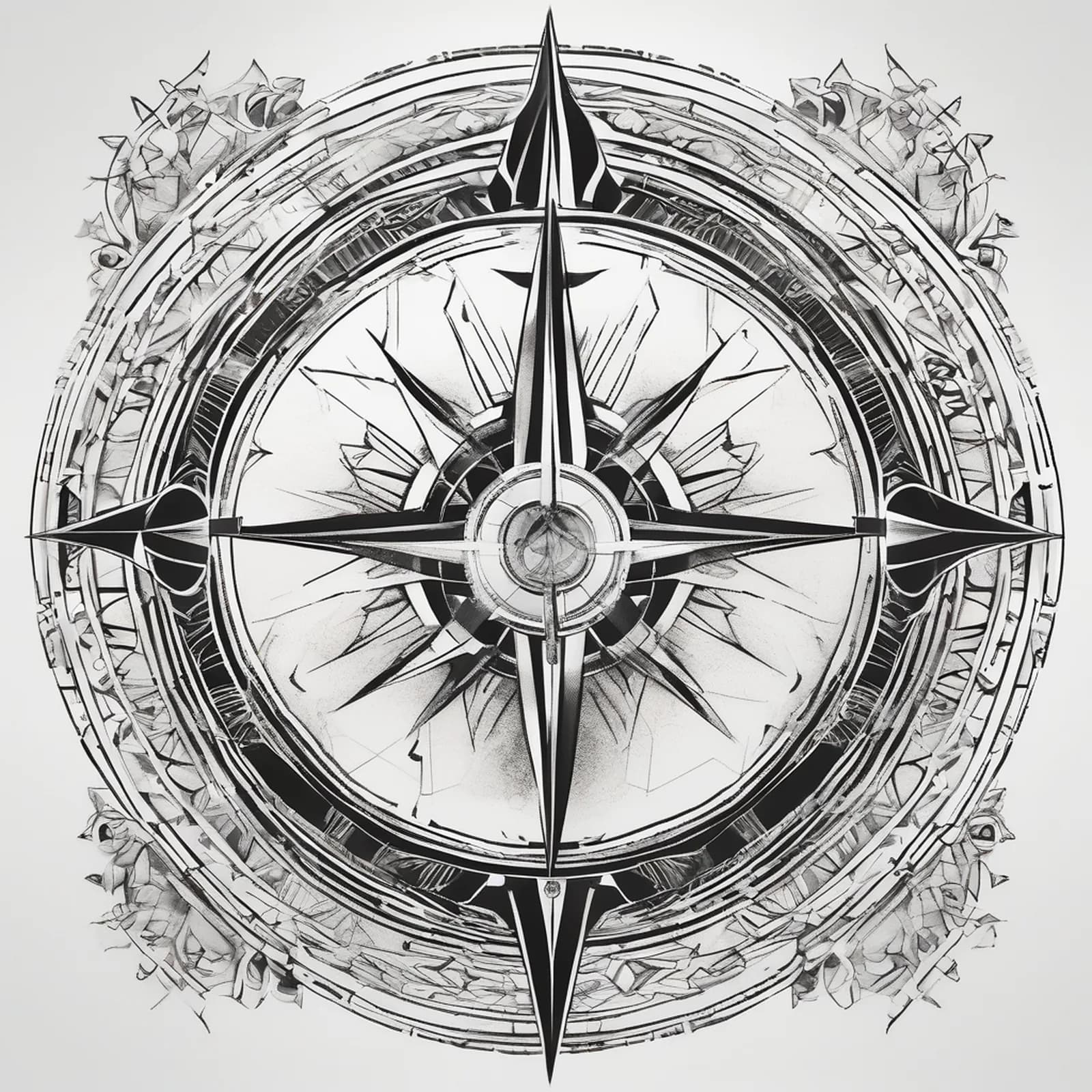 Art Deco Compass tattoo design, alternative version 3