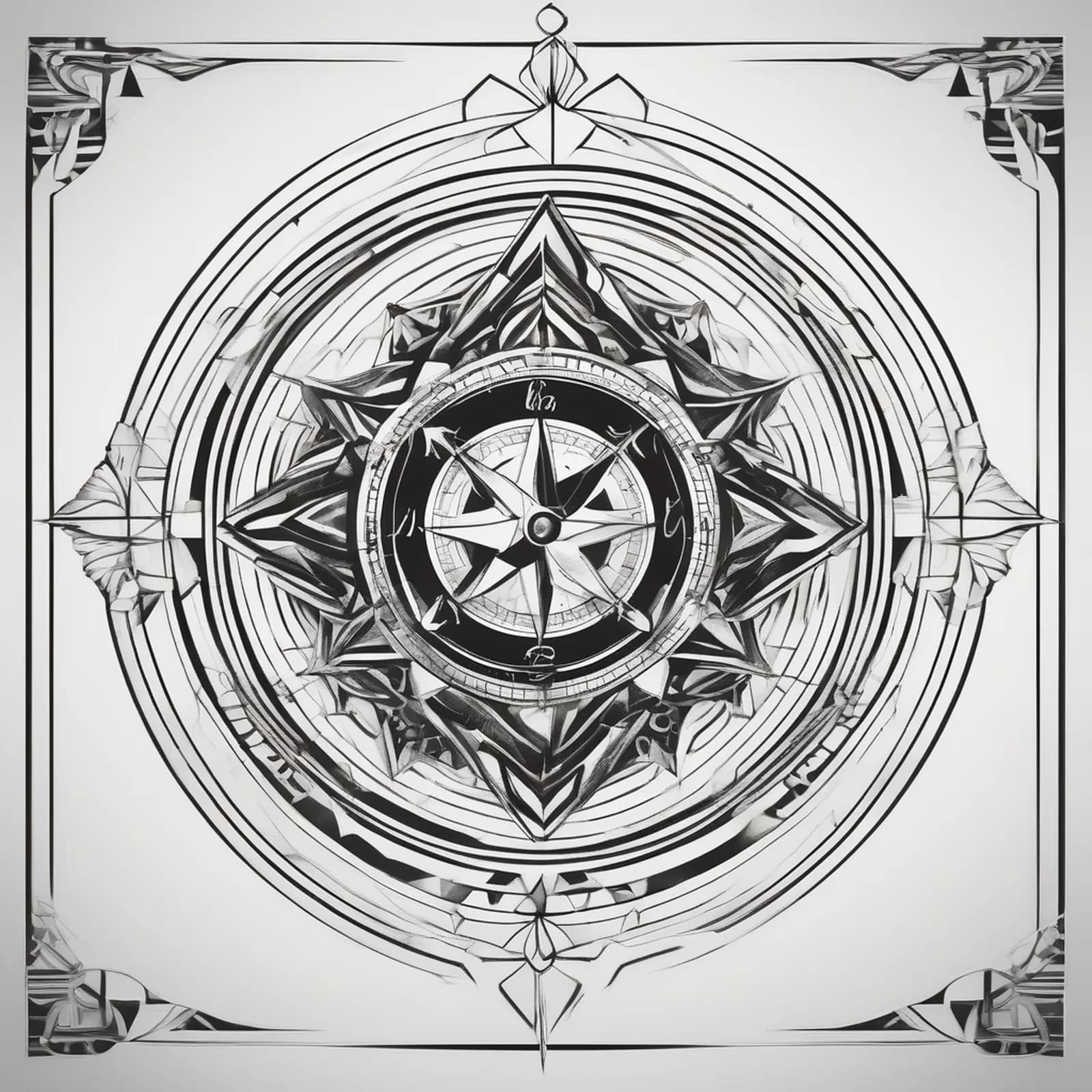 Art Deco Compass tattoo design, alternative version 4
