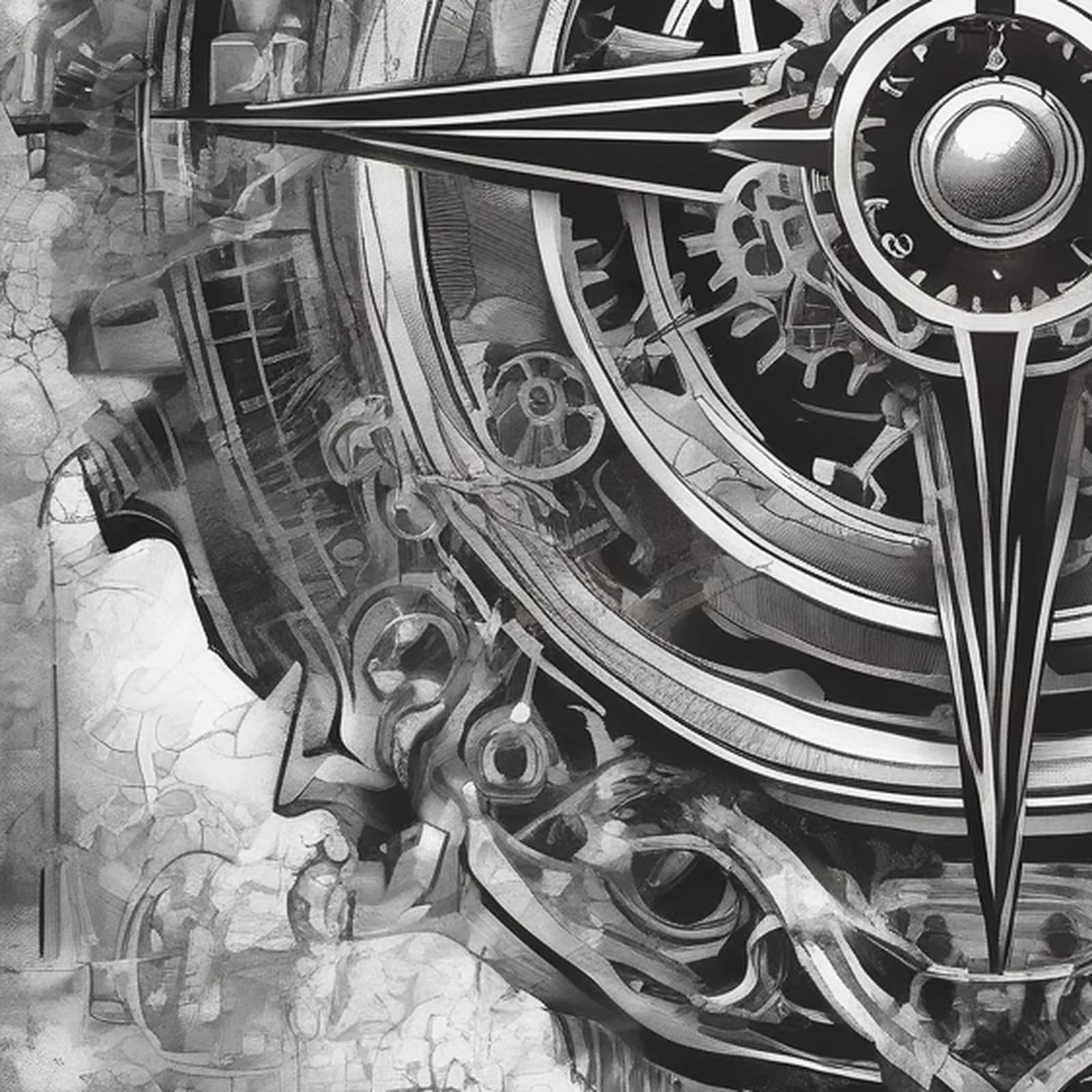 Biomechanical Compass tattoo design, close-up detail