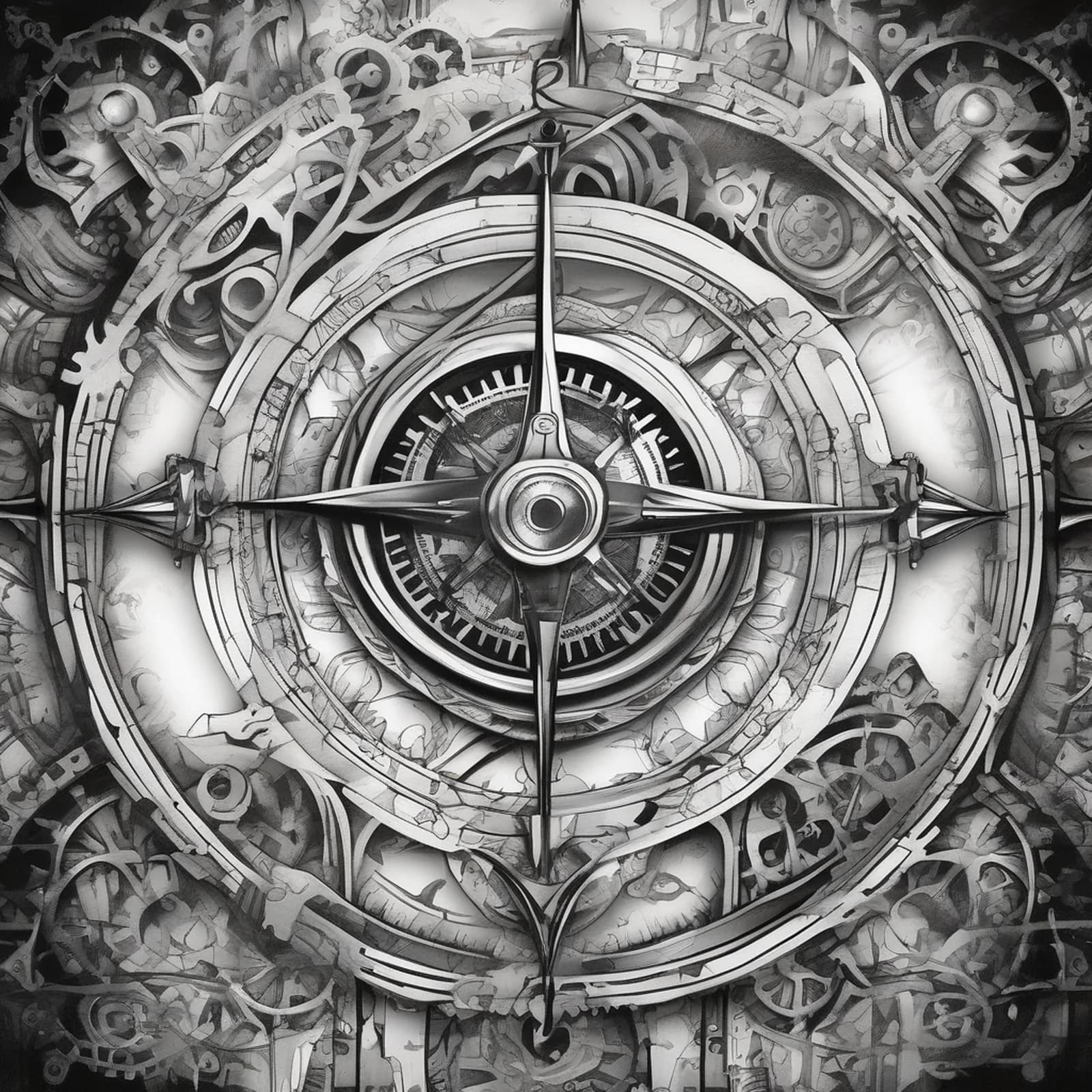 Biomechanical Compass tattoo design, alternative version 2