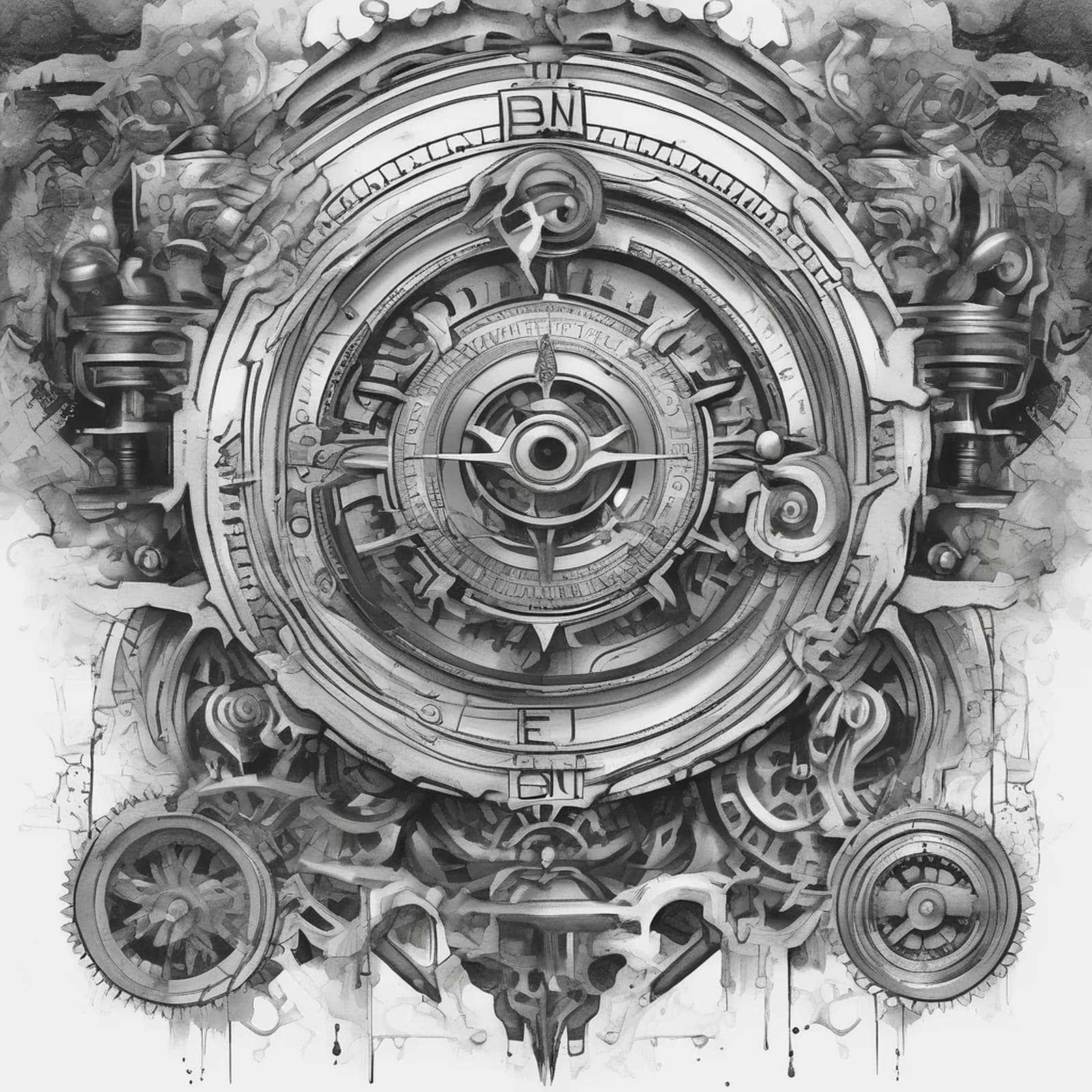 Biomechanical Compass tattoo design, alternative version 3