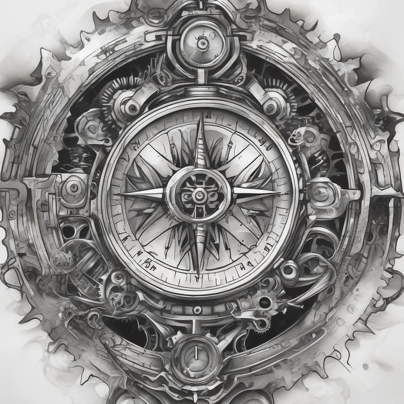 Biomechanical Compass tattoo design, alternative version 4