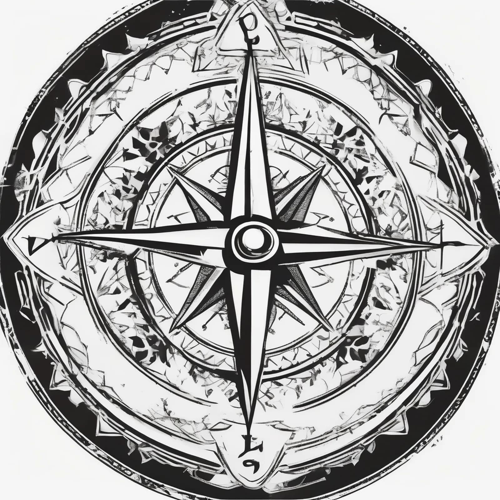 Blackwork Solid Compass tattoo design, alternative version 2