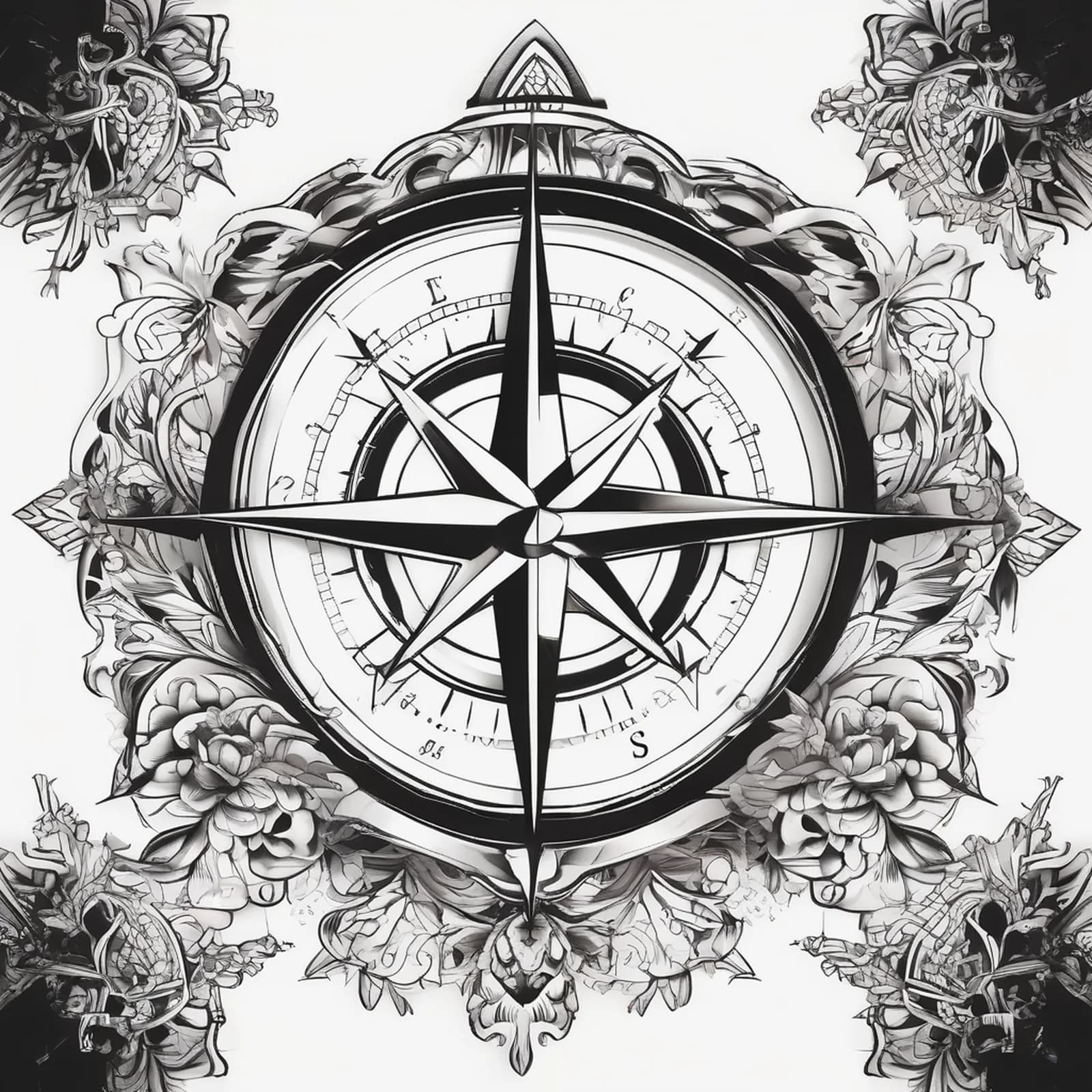 Blackwork Solid Compass tattoo design, alternative version 3