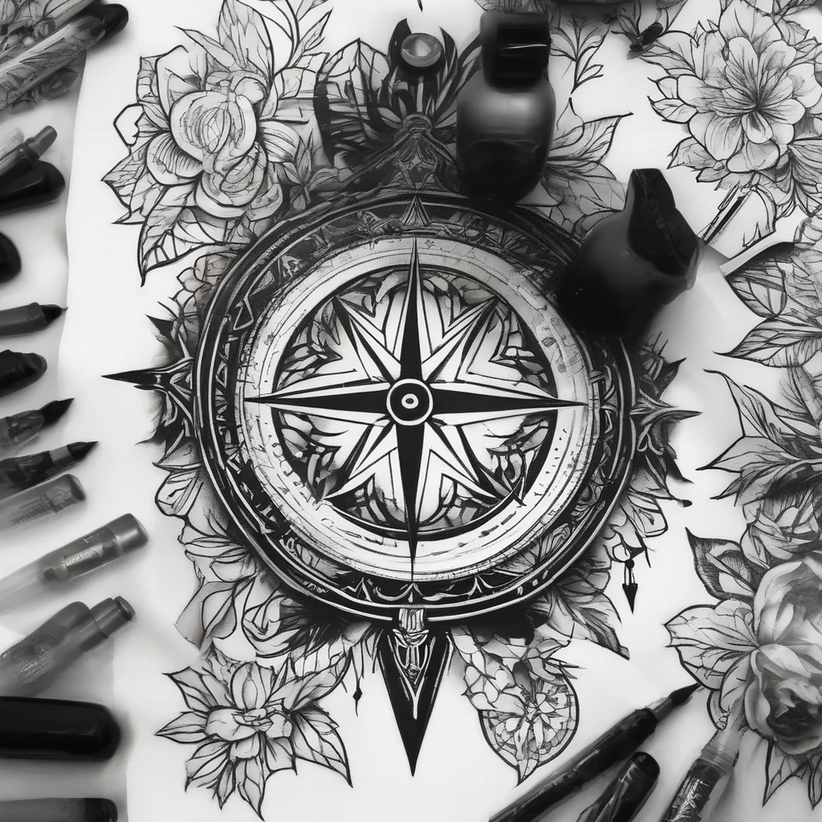 Blackwork Solid Compass tattoo design, alternative version 4