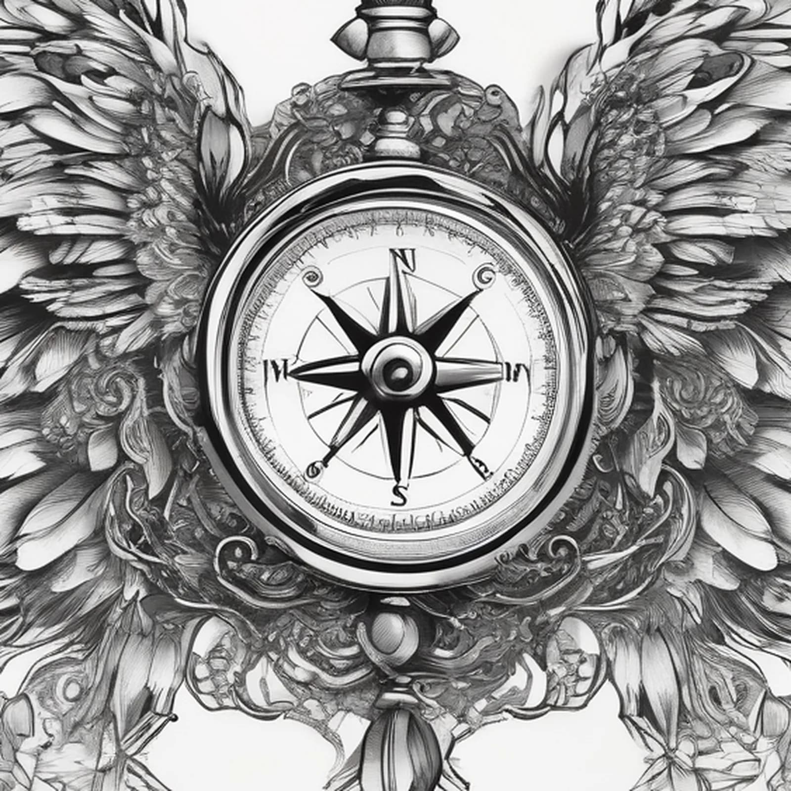 Compass And Angel Wings tattoo design, close-up detail