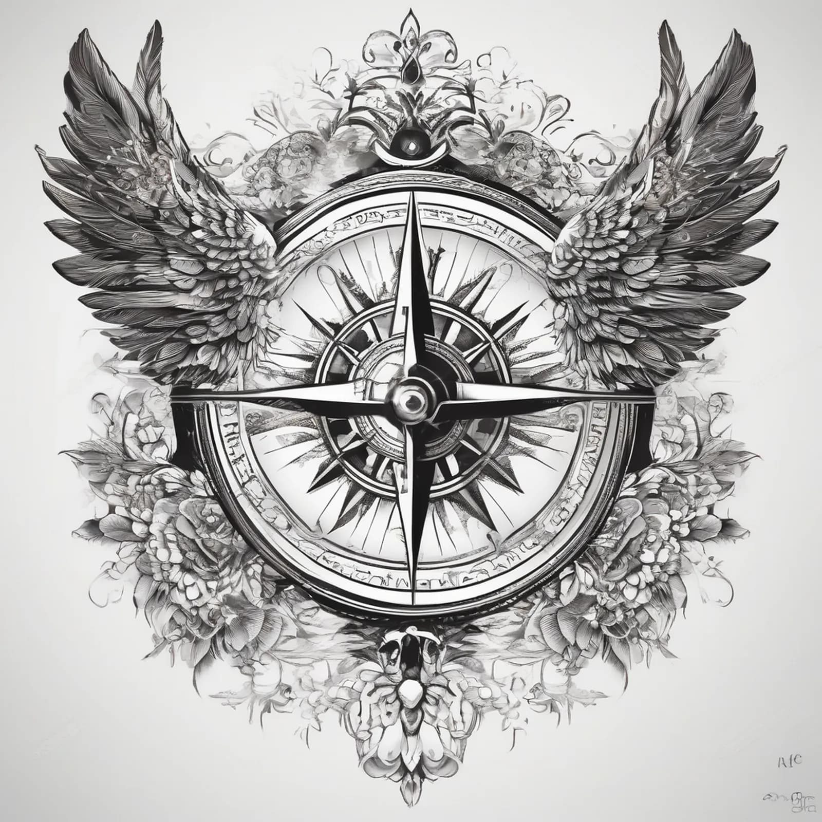 Compass And Angel Wings tattoo design, alternative version 3