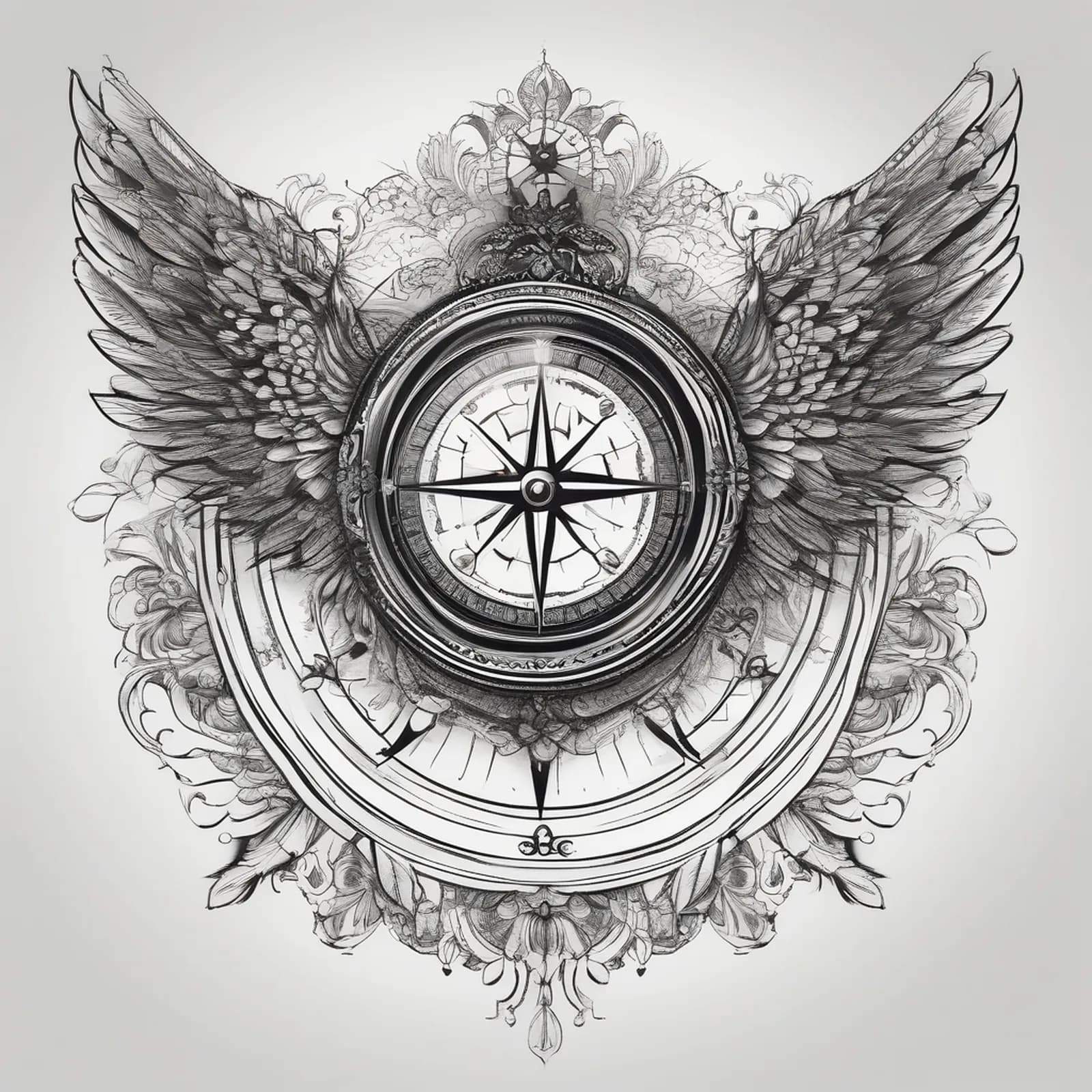 Compass And Angel Wings tattoo design, alternative version 4