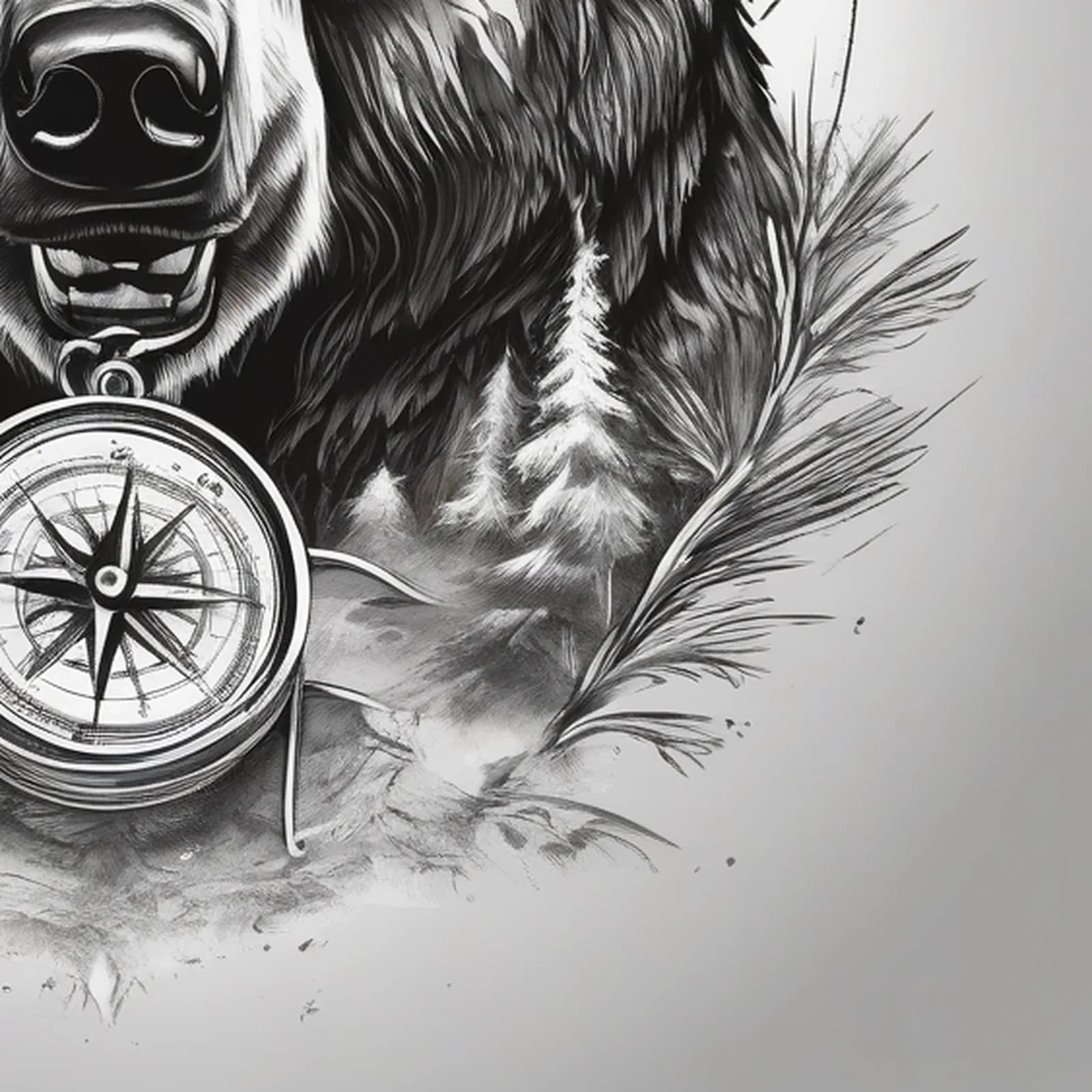 Compass And Bear tattoo design, close-up detail