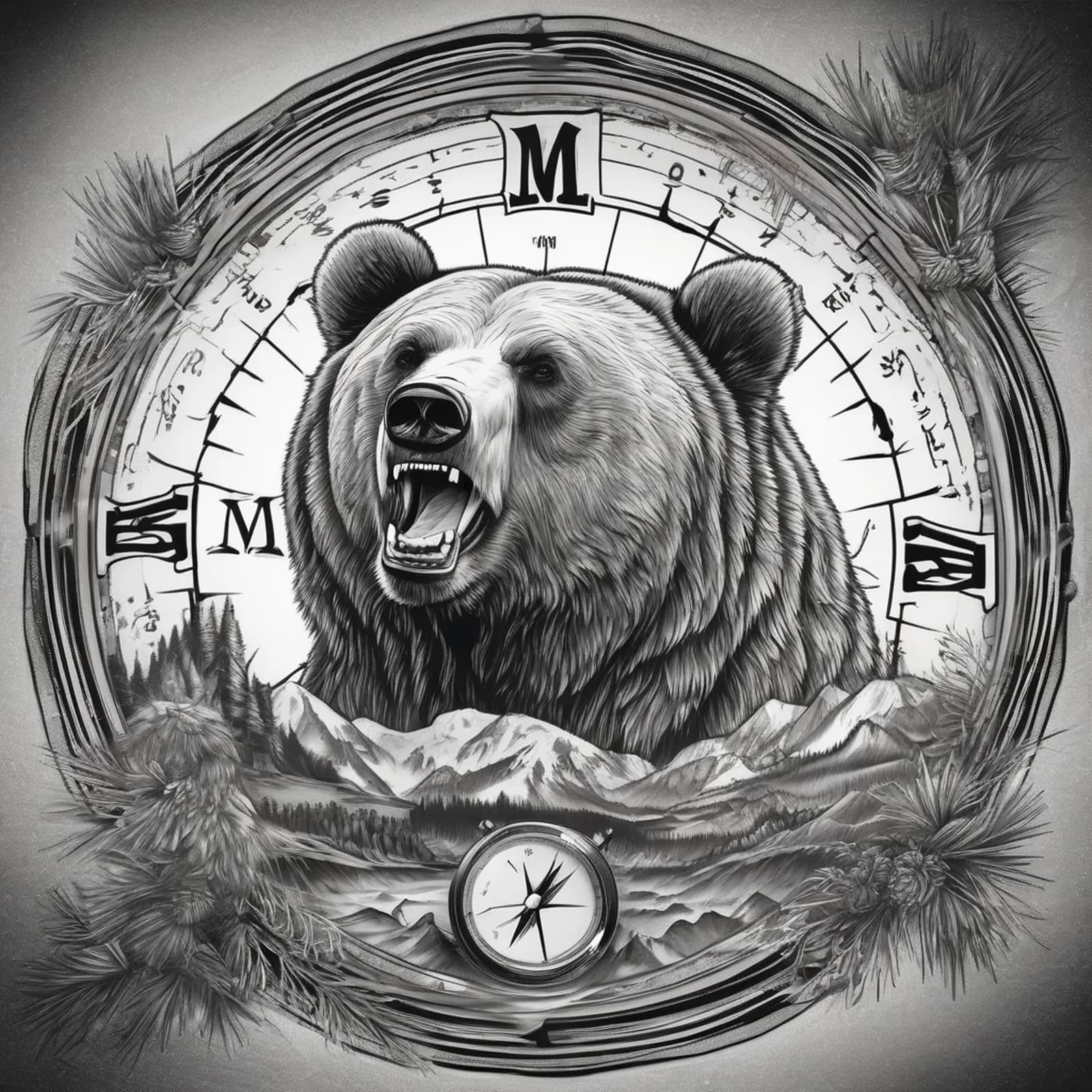 Compass And Bear tattoo design, alternative version 2