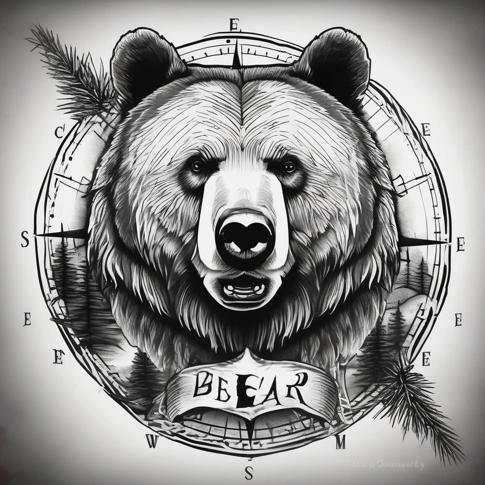Compass And Bear tattoo design, alternative version 3