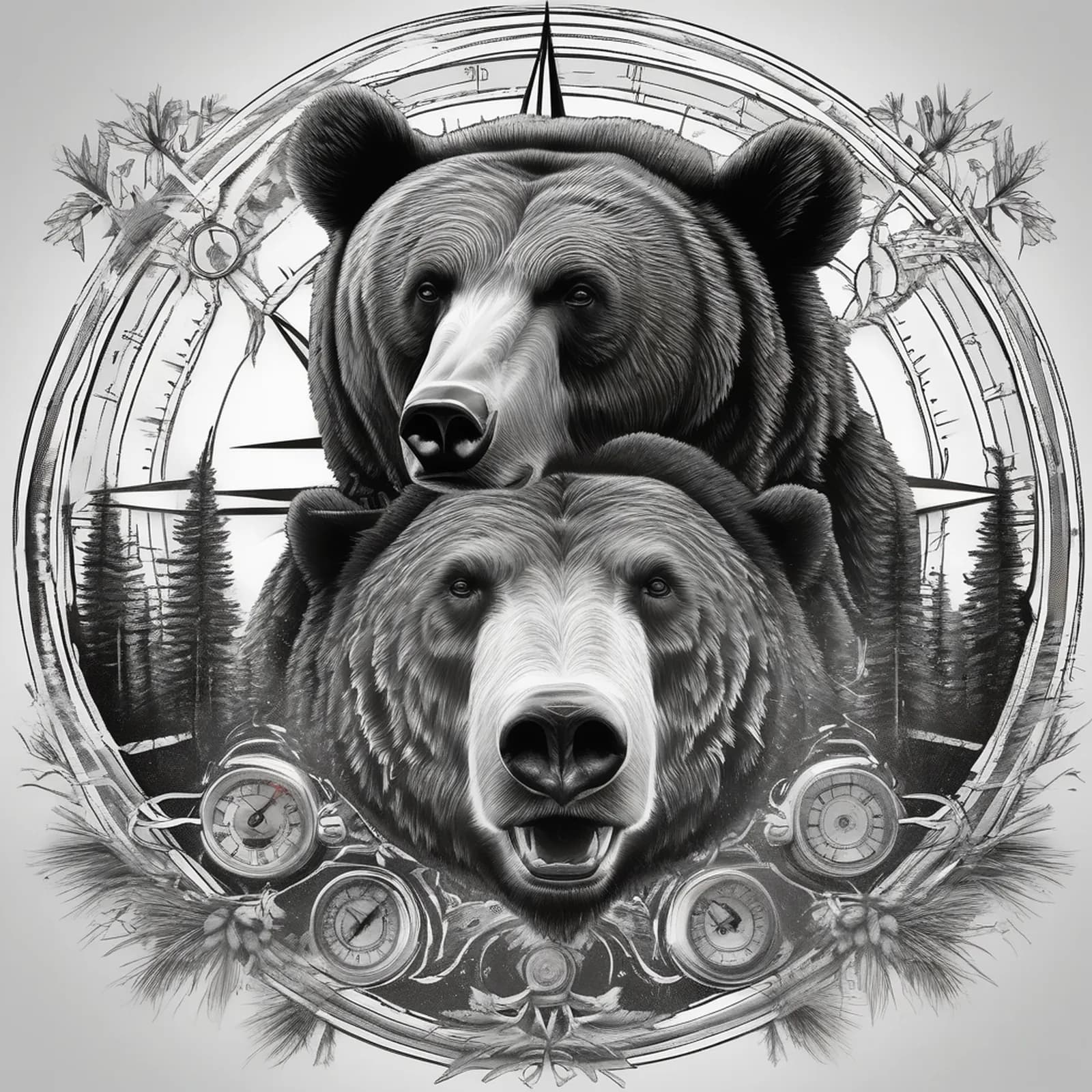 Compass And Bear tattoo design, alternative version 4
