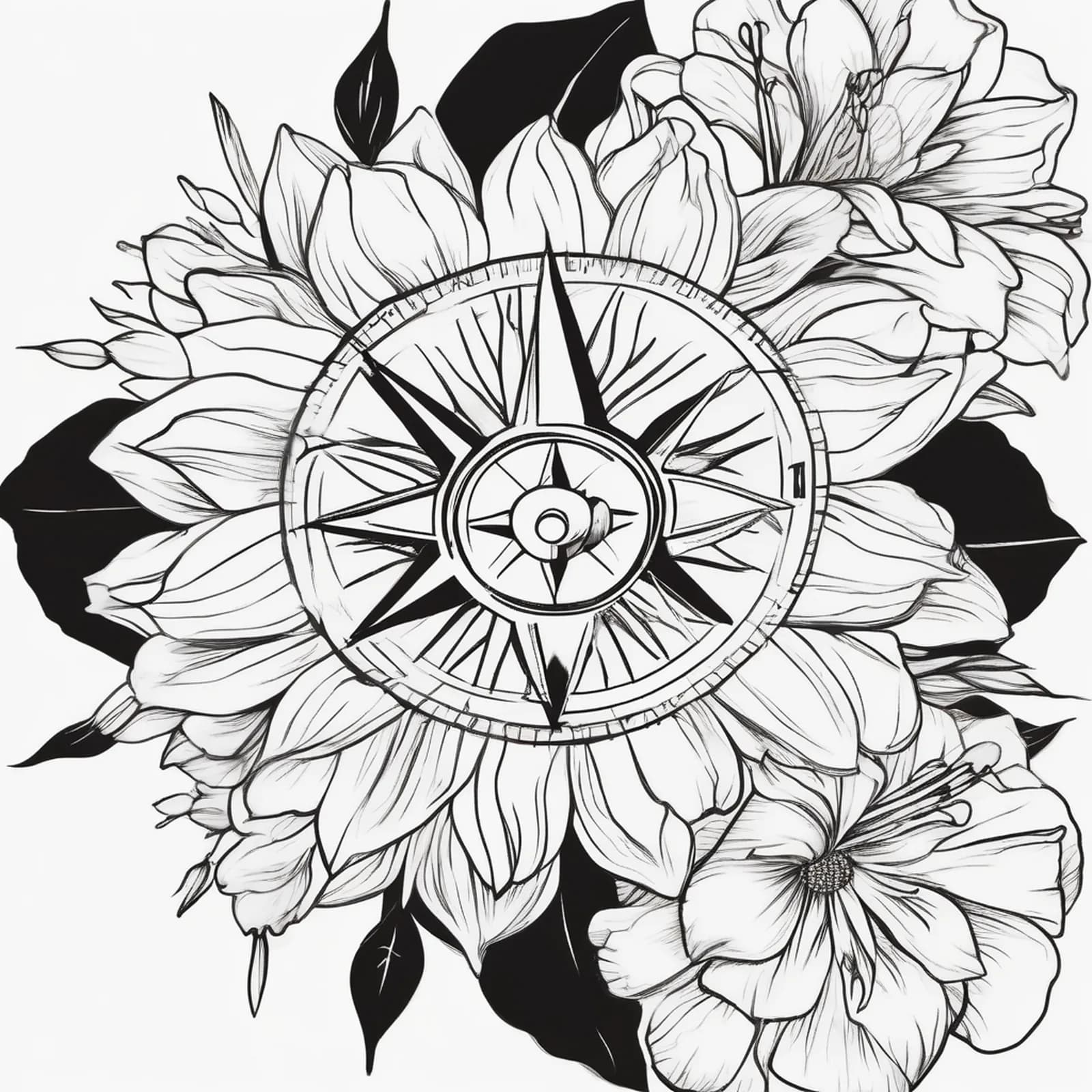 Compass And Birth Flower tattoo design, alternative version 2