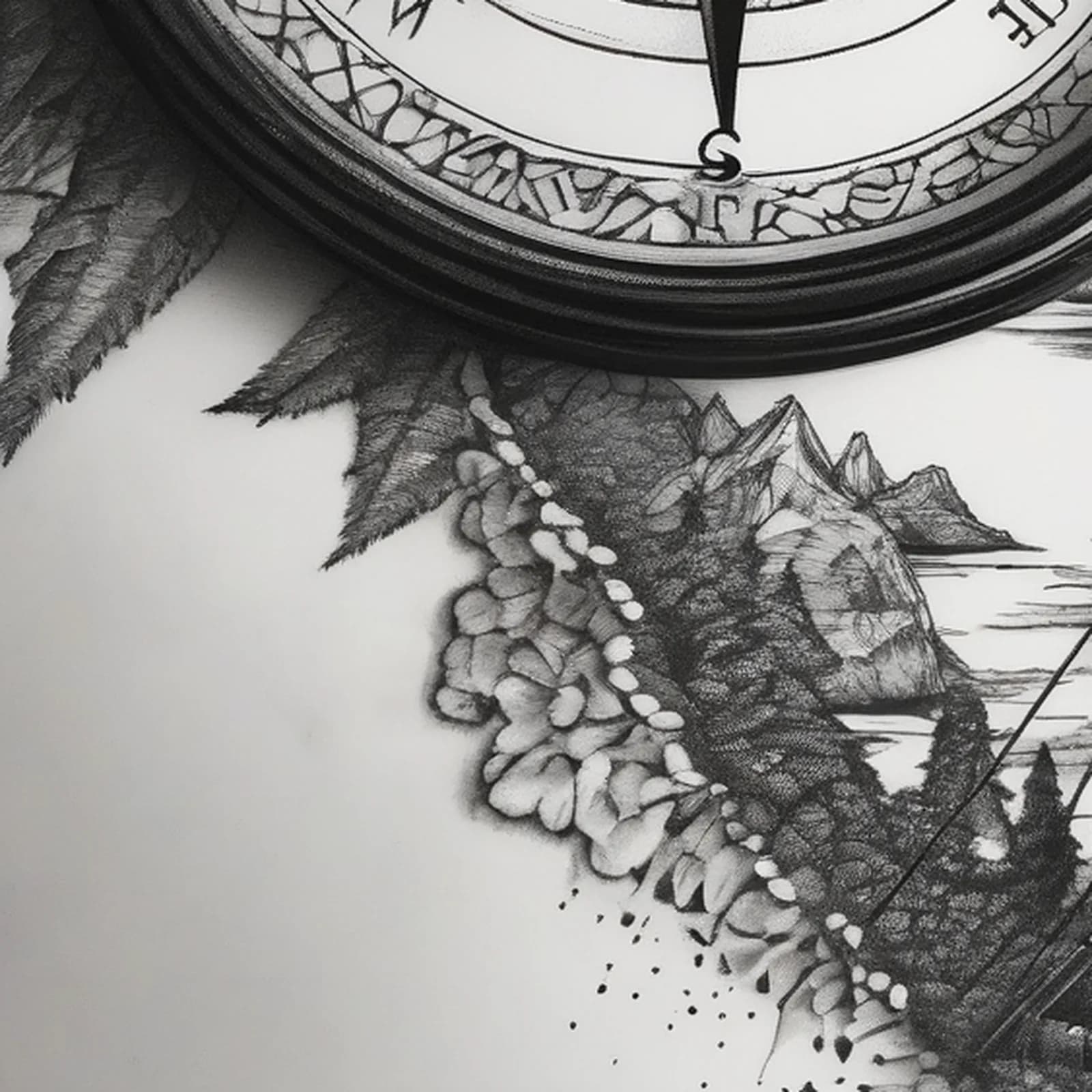 Compass And Bridge tattoo design, close-up detail