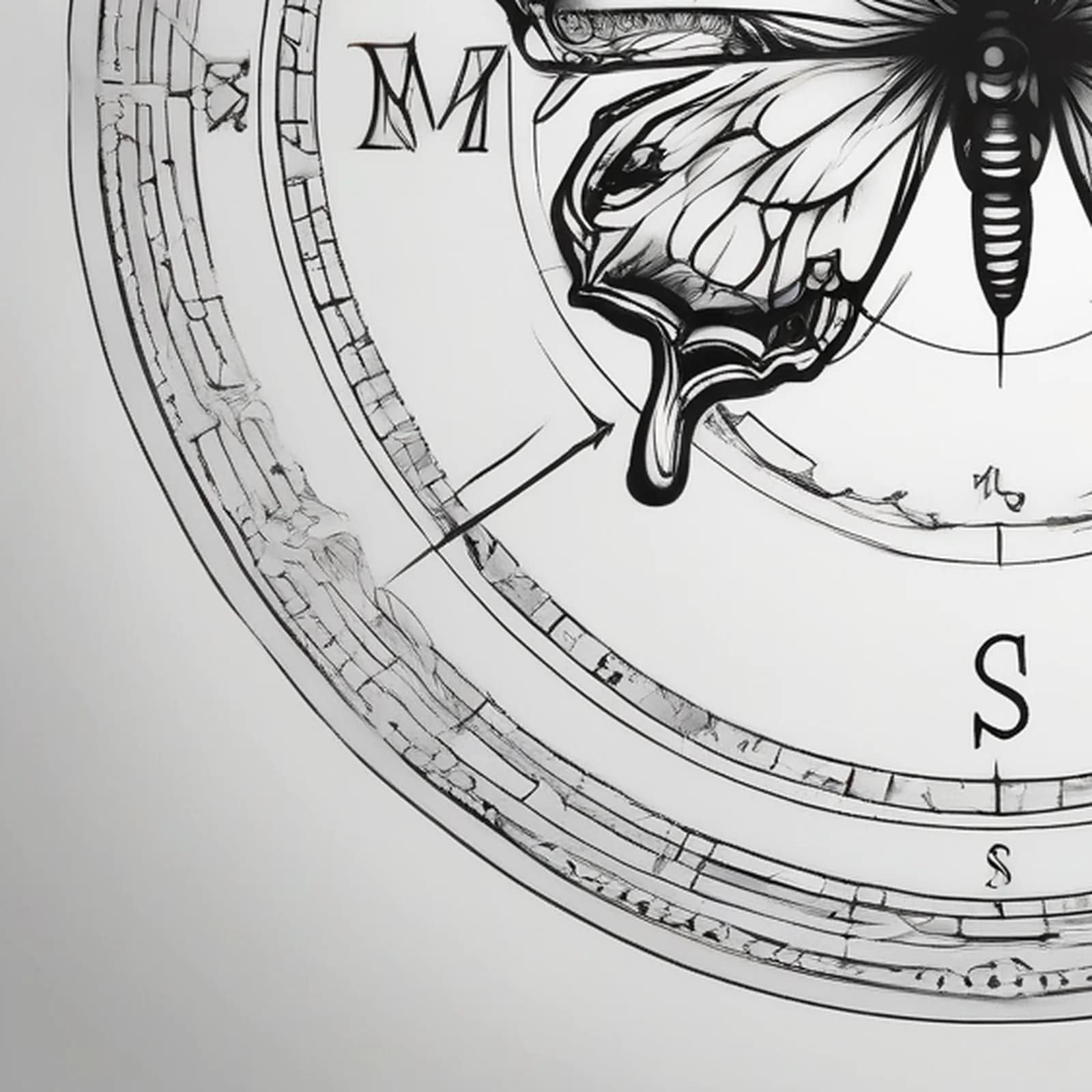 Compass And Butterfly tattoo design, close-up detail