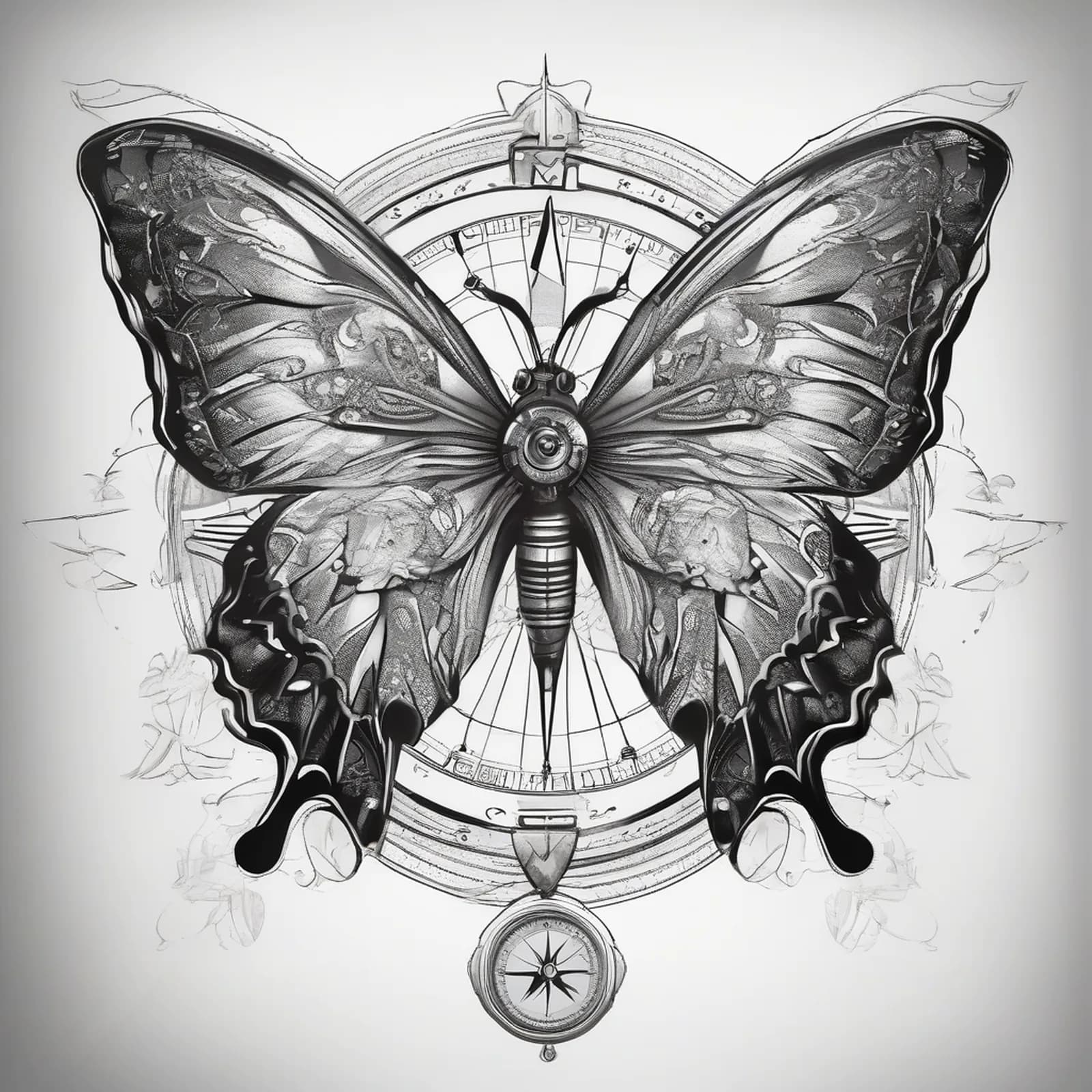 Compass And Butterfly tattoo design, alternative version 2