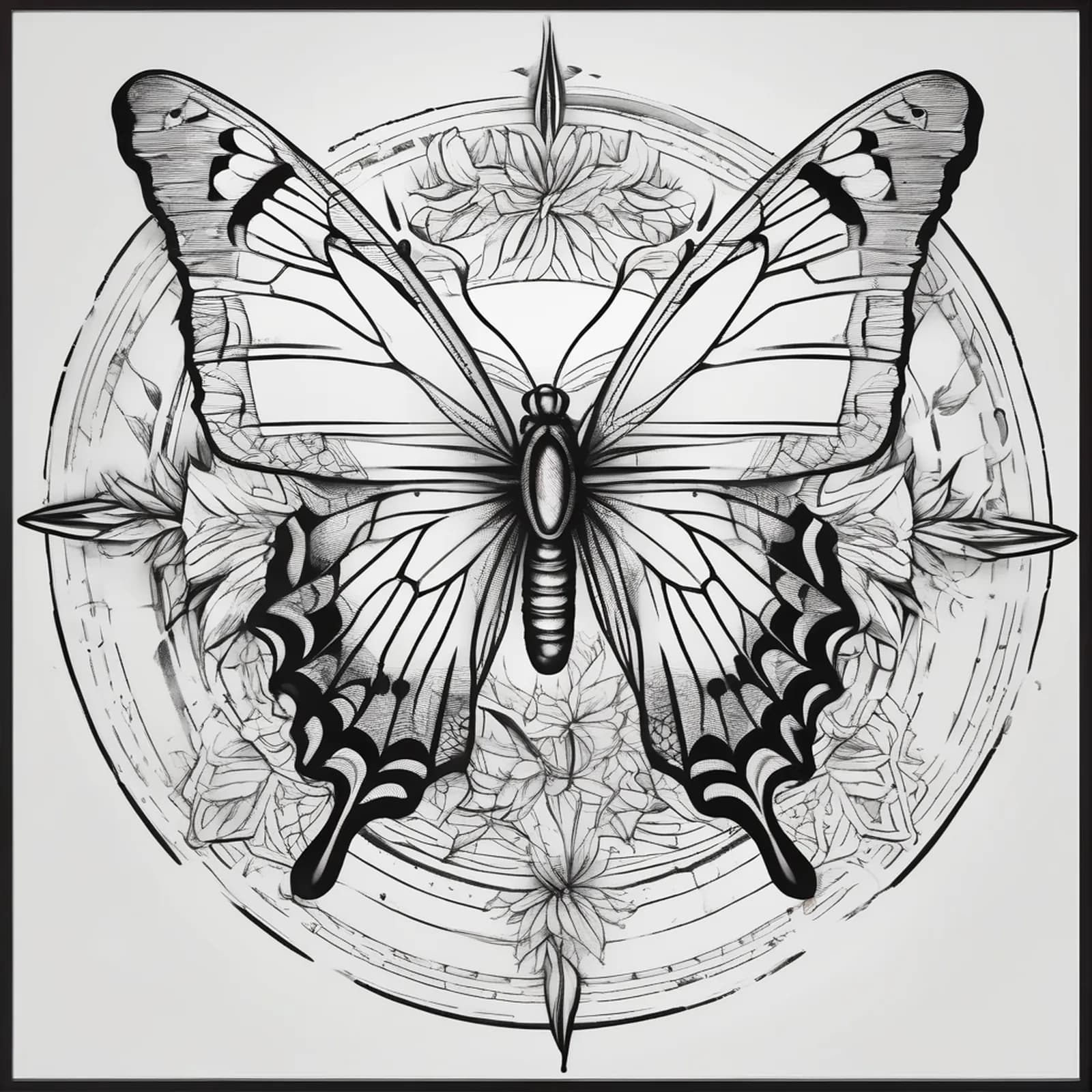Compass And Butterfly tattoo design, alternative version 3