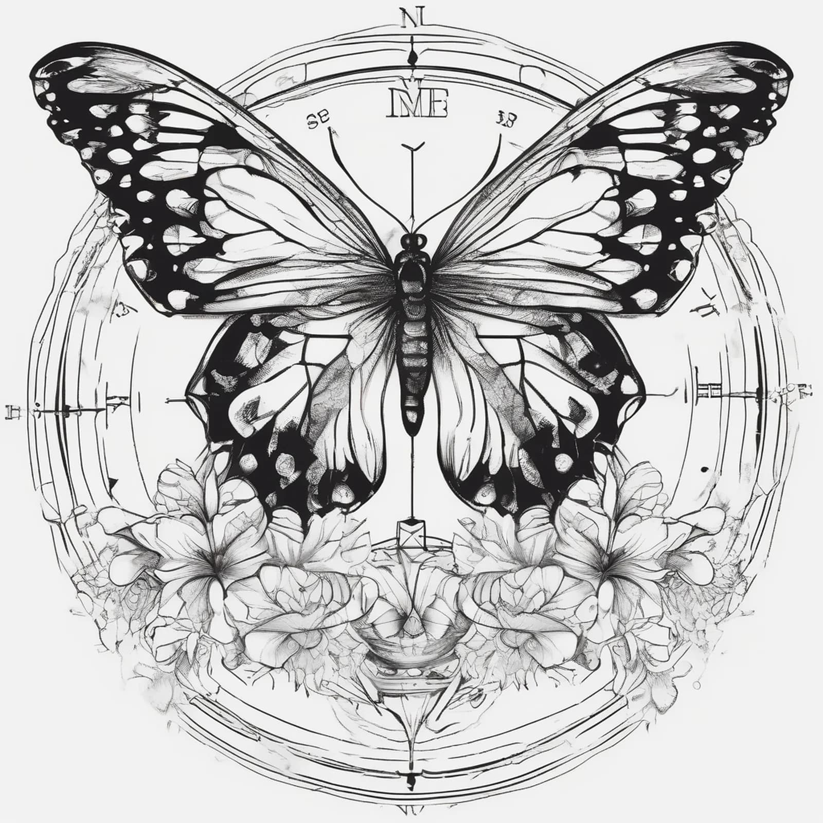 Compass And Butterfly tattoo design, alternative version 4