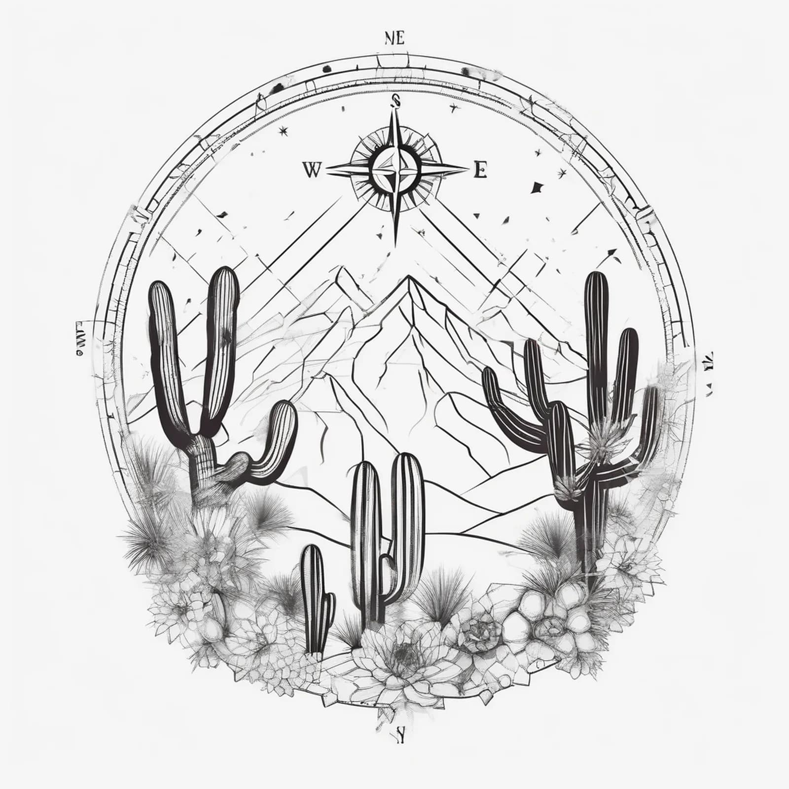 Compass And Cactus tattoo design, alternative version 2