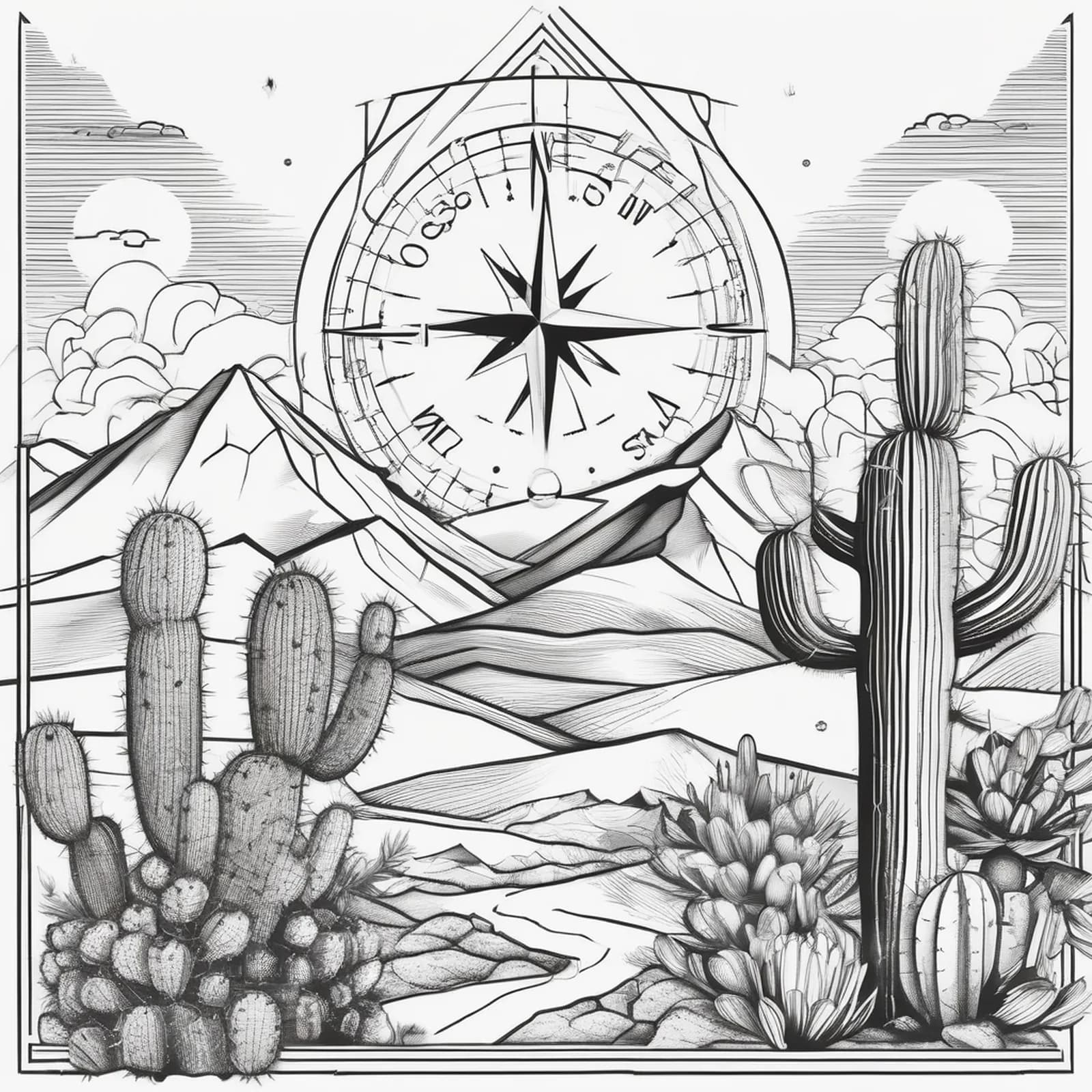 Compass And Cactus tattoo design, alternative version 3